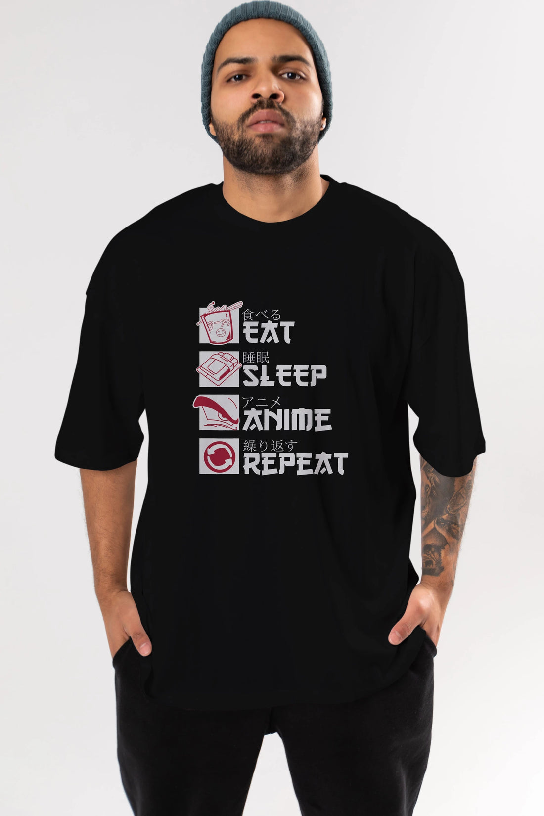 Eat, Sleep, Anime, Repeat Anime Ön Baskılı Oversize t-shirt %100 pamuk Erkek Kadın Unisex
