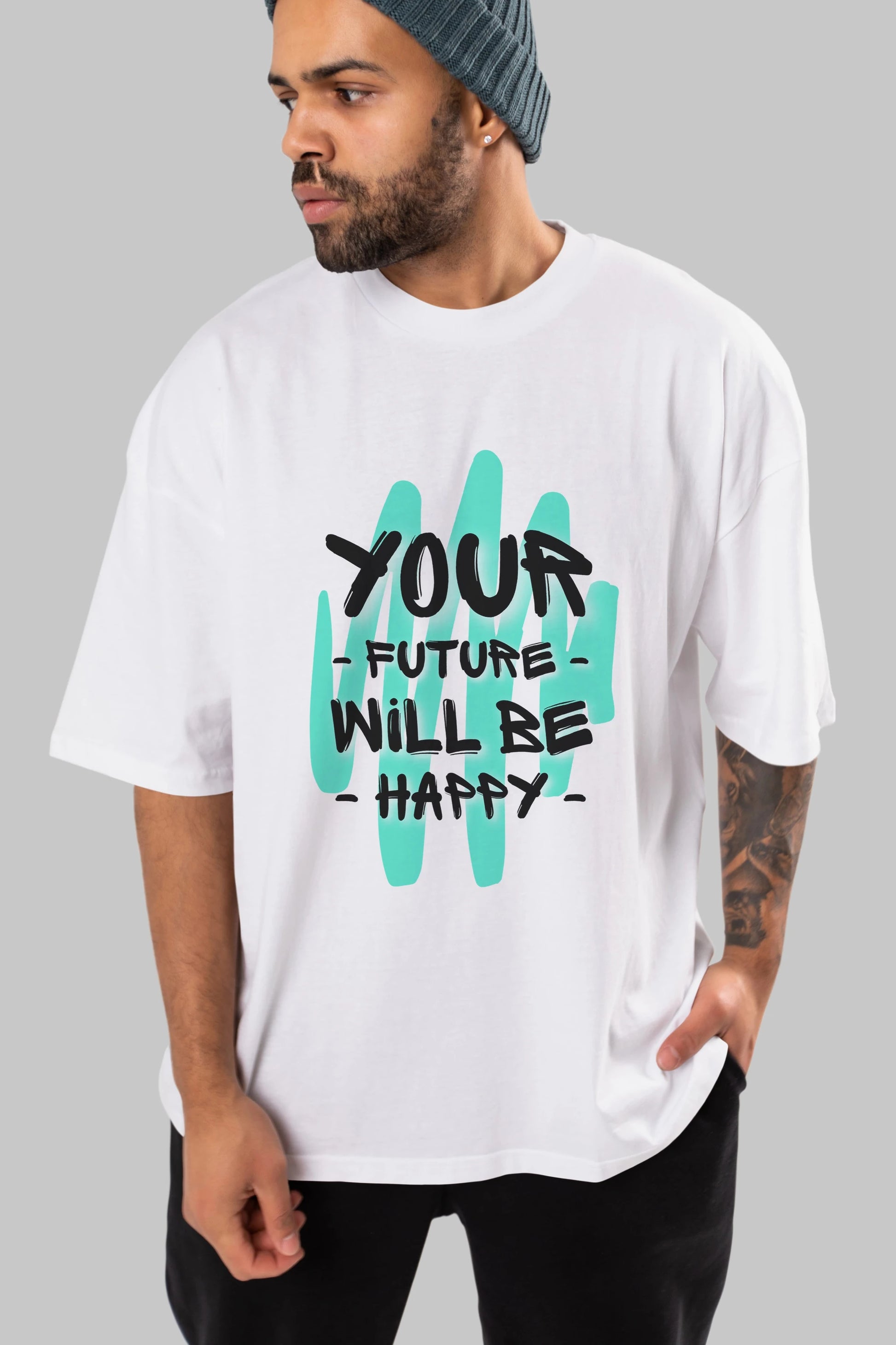 Your Future Will be Happy Yazılı Ön Baskılı Oversize t-shirt Erkek Kadın Unisex