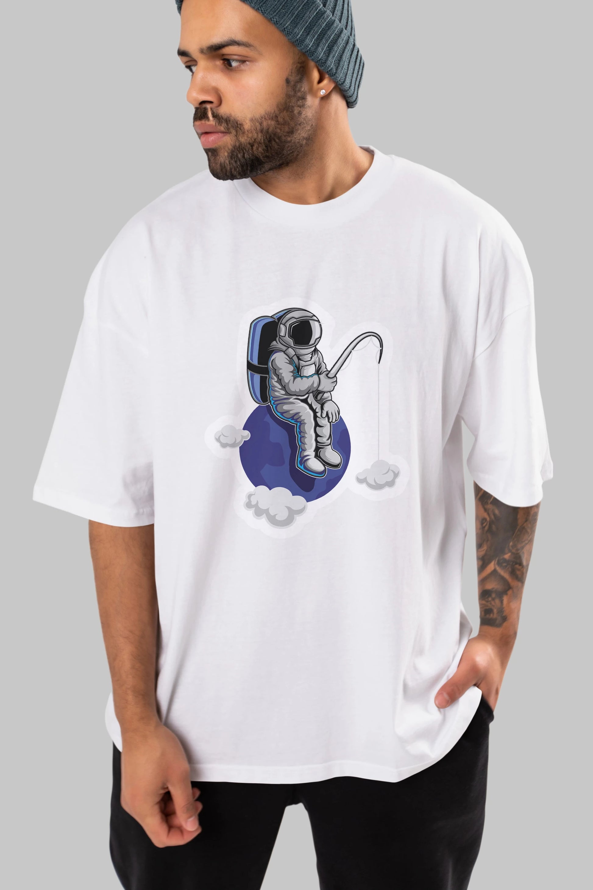 Astronaut Fishing Sticker Ön Baskılı Oversize t-shirt Erkek Kadın Unisex