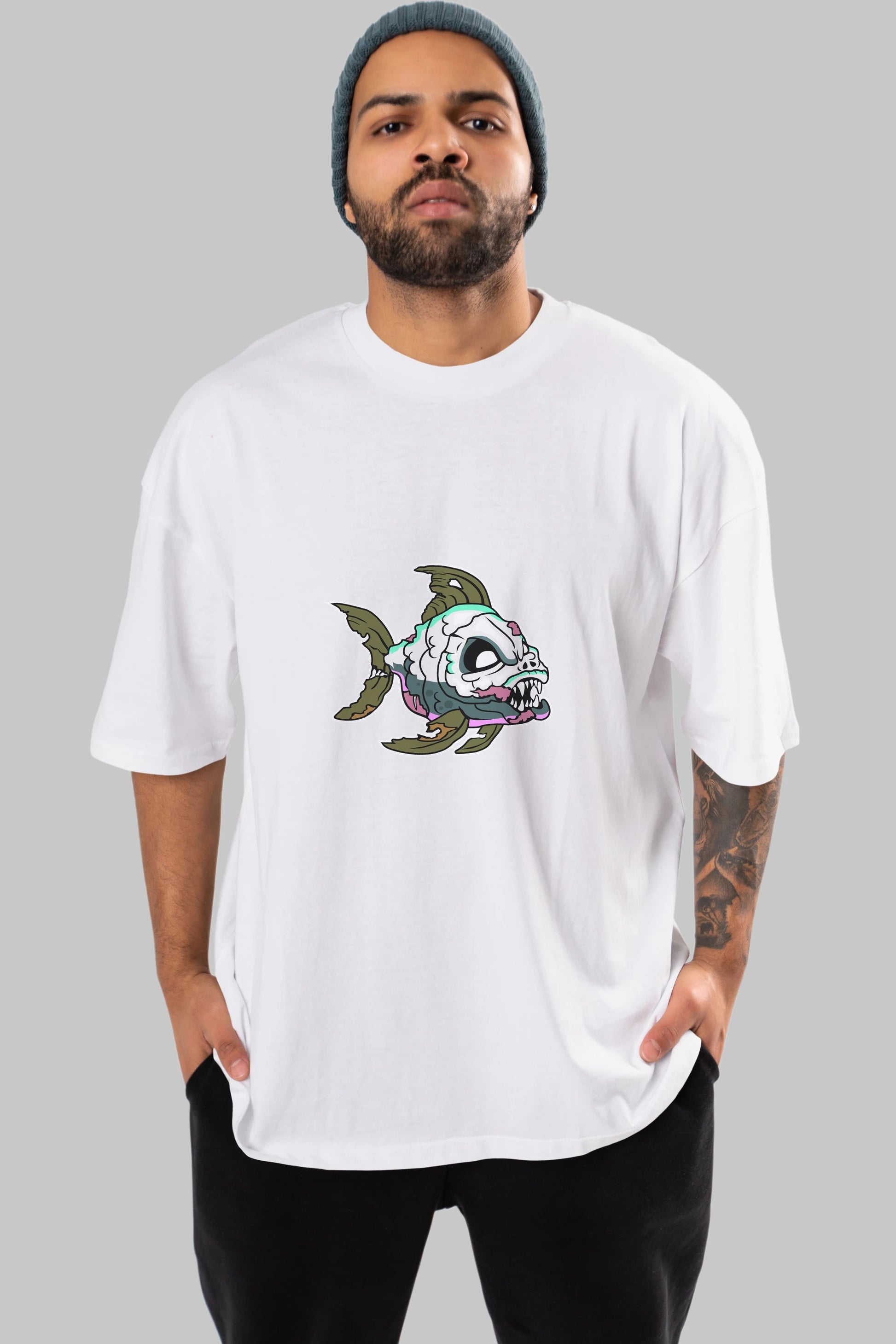 Fish Monster Ön Baskılı Oversize t-shirt Erkek Kadın Unisex %100 Pamuk tişort