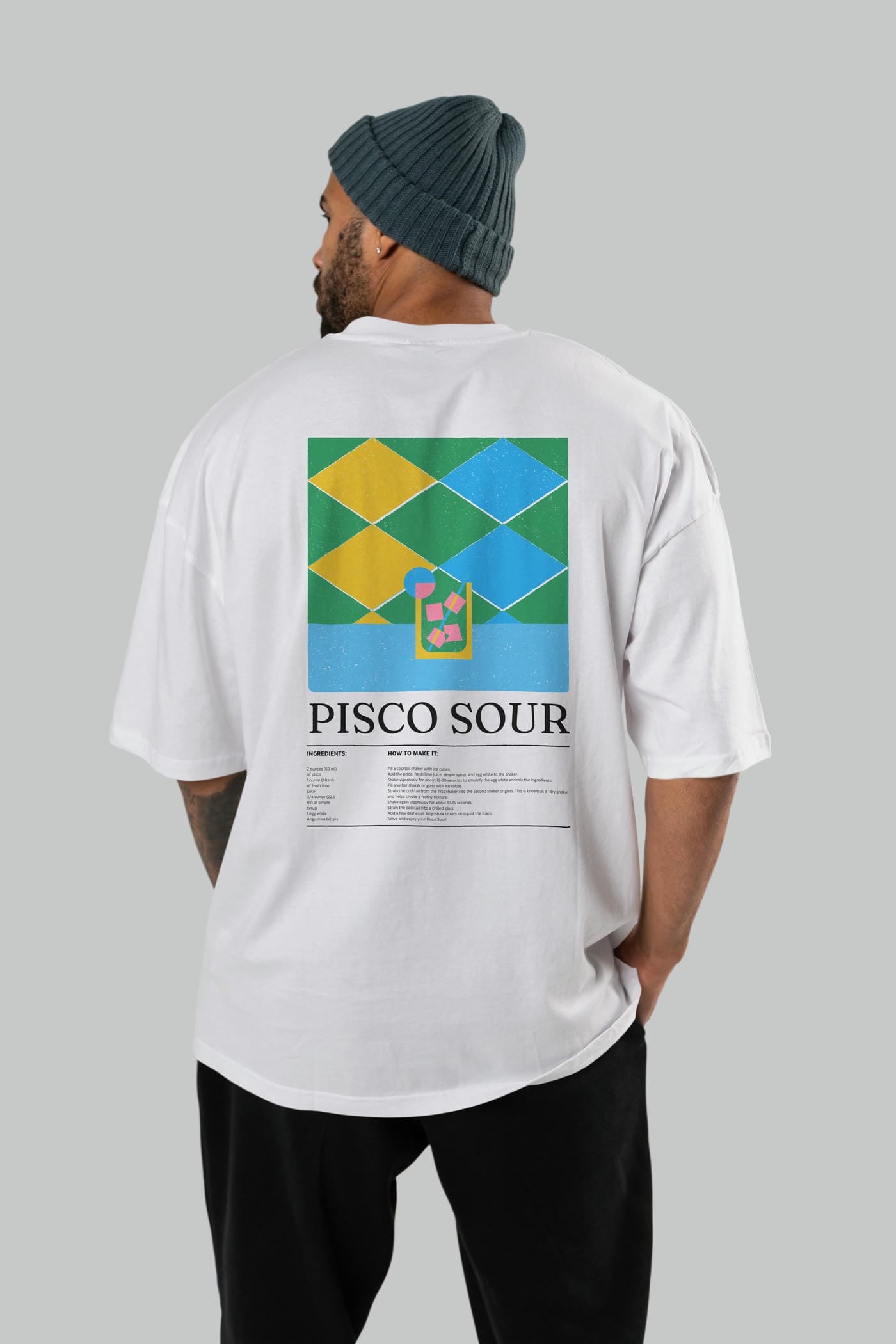 Pisco Sour Kokteyl Serisi Arka Baskılı Oversize t-shirt Erkek Kadın %100 Pamuk Bisiklet Yaka tişort