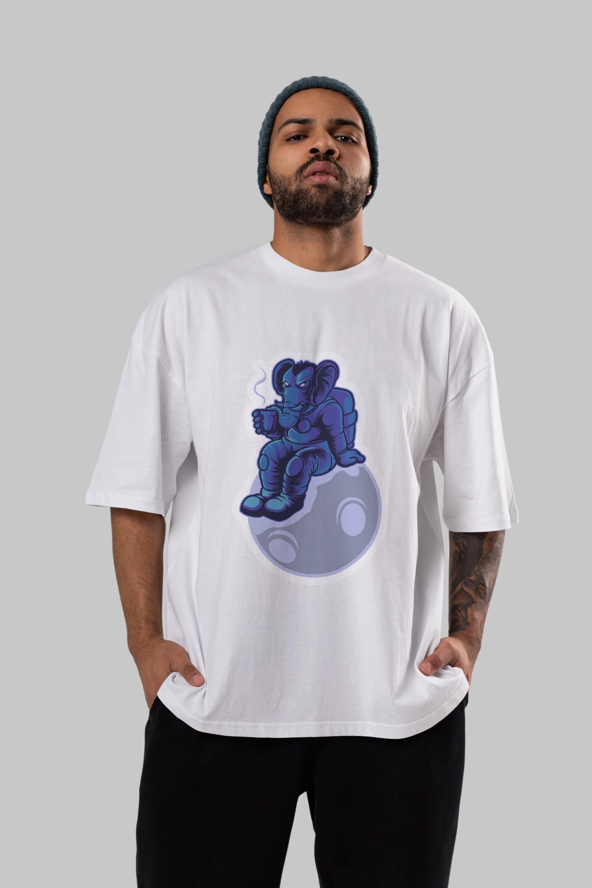 Space Elephant Drink Coffee Sticker Ön Baskılı Oversize t-shirt Erkek Kadın Unisex