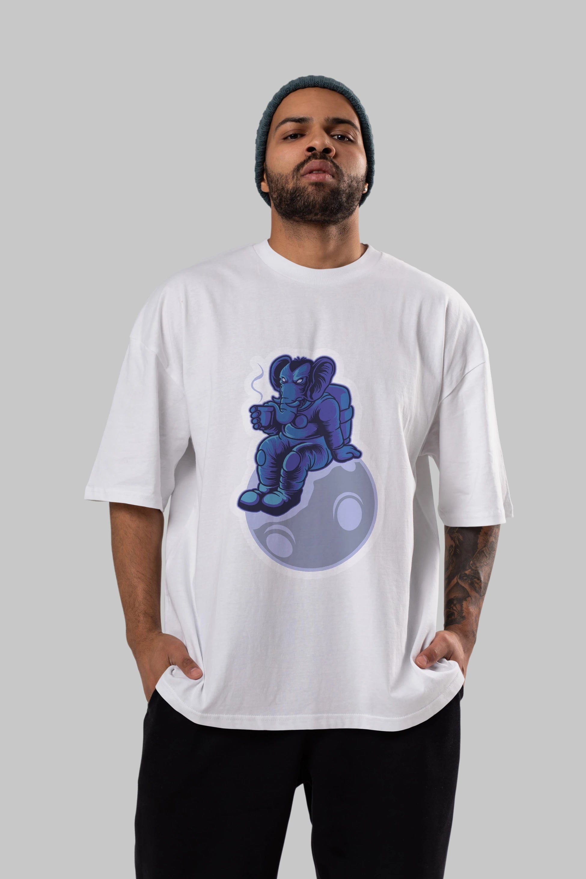 Space Elephant Drink Coffee Sticker Ön Baskılı Oversize t-shirt Erkek Kadın Unisex