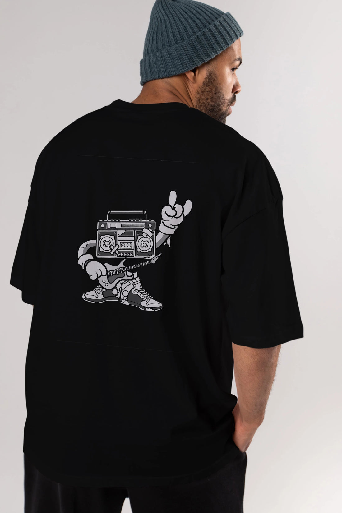 Boombox Rockstar Arka Baskılı Oversize t-shirt Erkek Kadın Unisex %100 Pamuk tişort