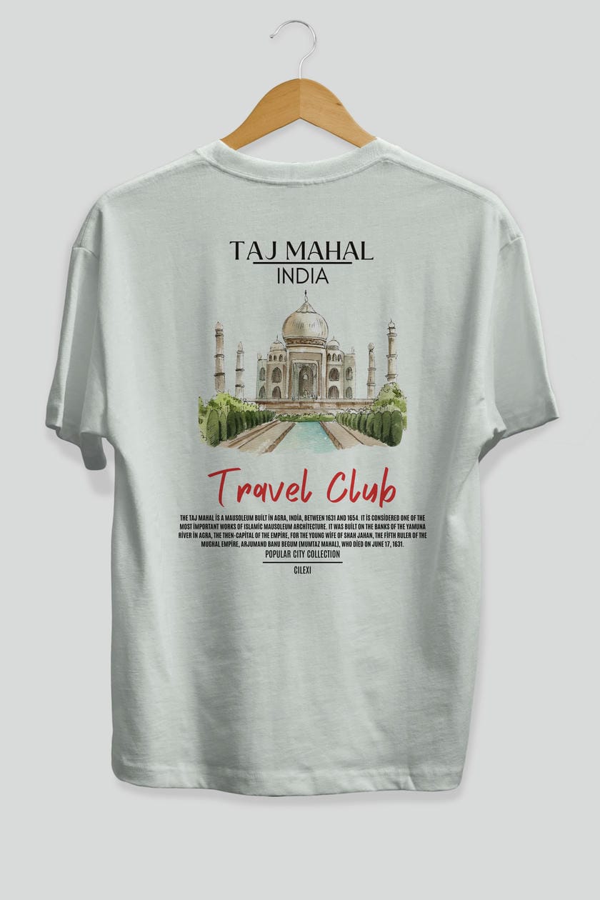 Taj Mahal İndia Arka Baskılı Oversize t-shirt Erkek Kadın Pamuk Bisiklet Yaka tişort