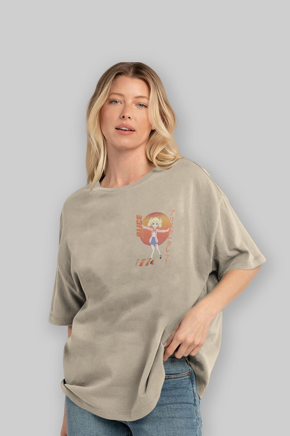 Alice Cartelet 15 Ön Sol Baskılı Oversize t-shirt Erkek Kadın Unisex %100 Pamuk Bisiklet Yaka tişort