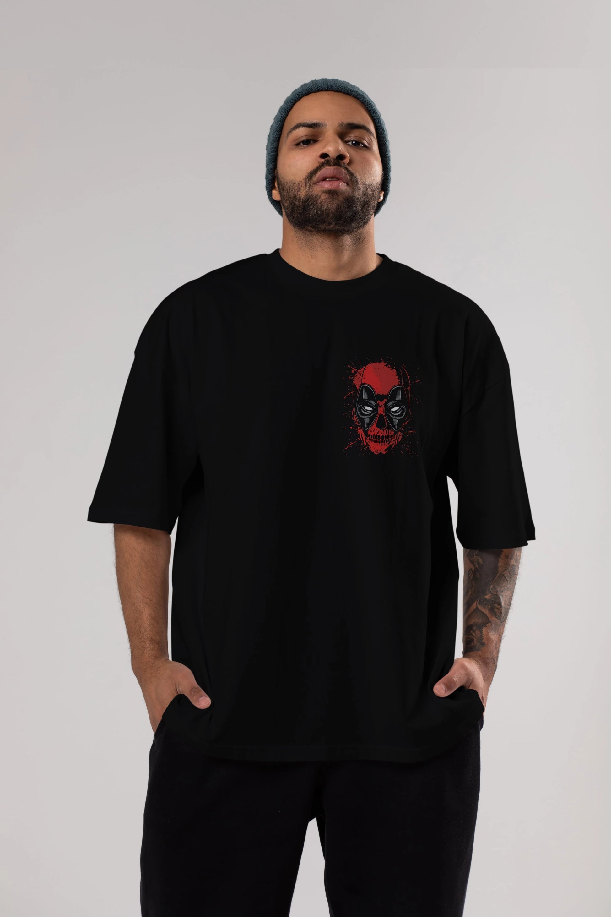 Deadpool (3) Ön Sol Baskılı Oversize t-shirt Erkek Kadın Unisex %100 Pamuk Bisiklet Yaka tişort
