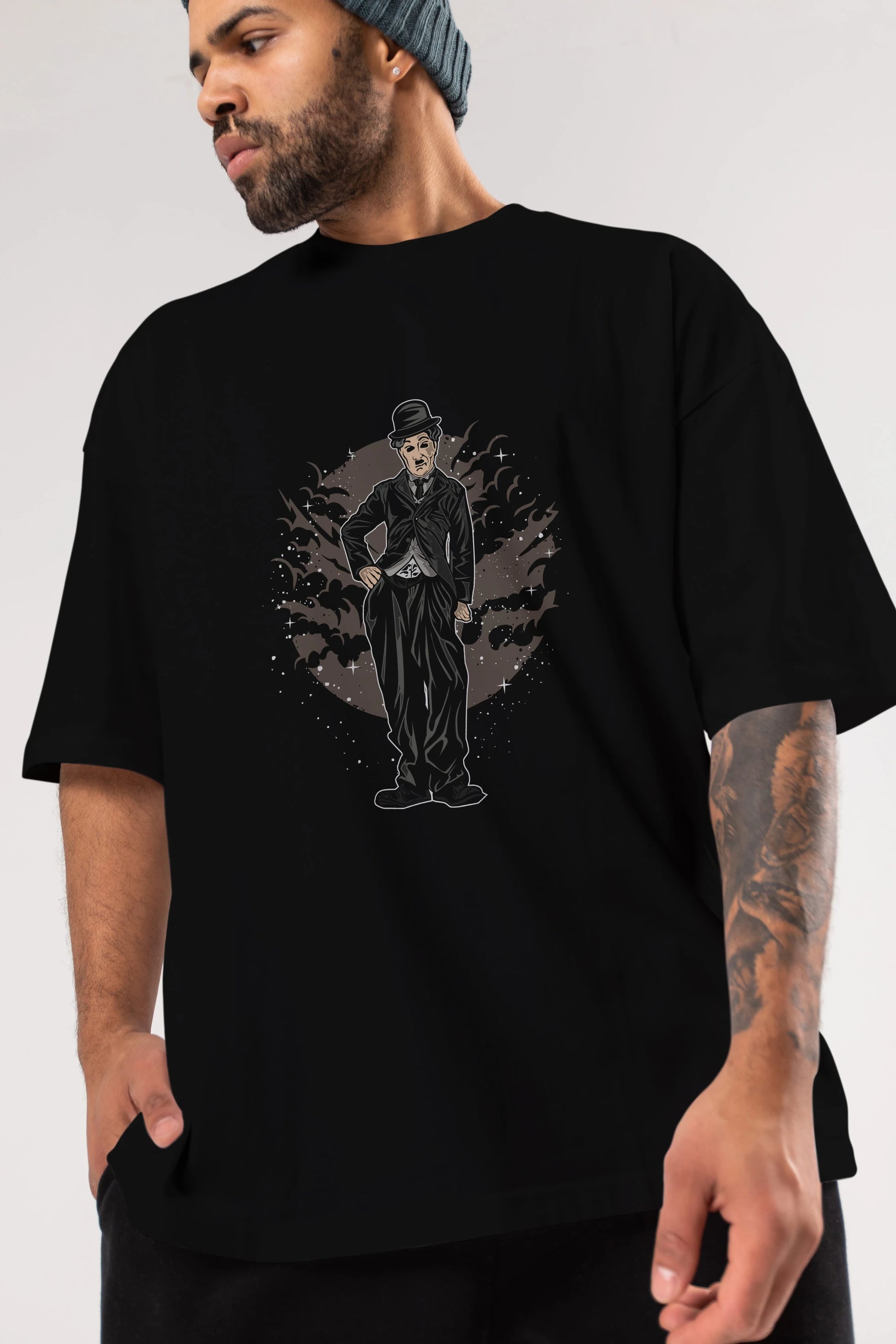 CHAPLIN Ön Baskılı Oversize t-shirt Erkek Kadın Unisex %100 Pamuk tişort