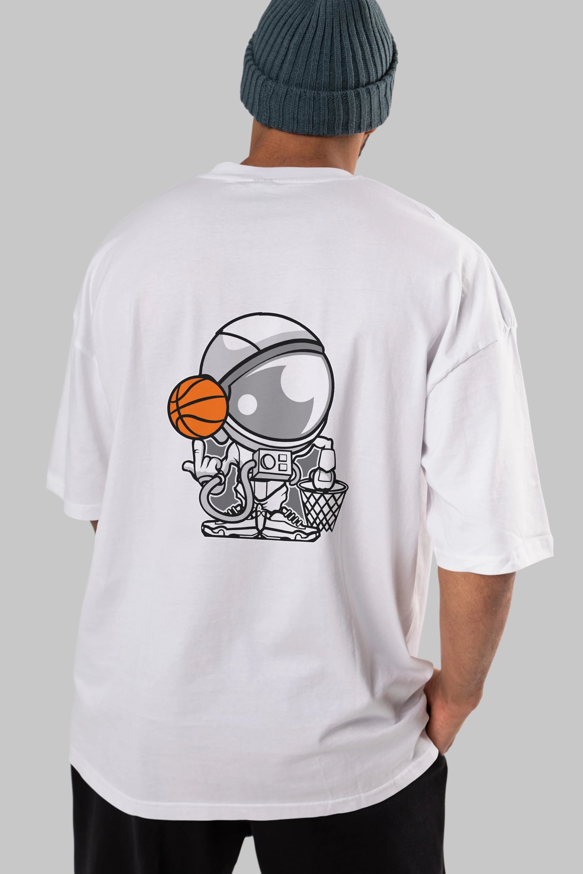 Astronaut Basketball Arka Baskılı Oversize t-shirt Erkek Kadın Unisex %100 Pamuk tişort