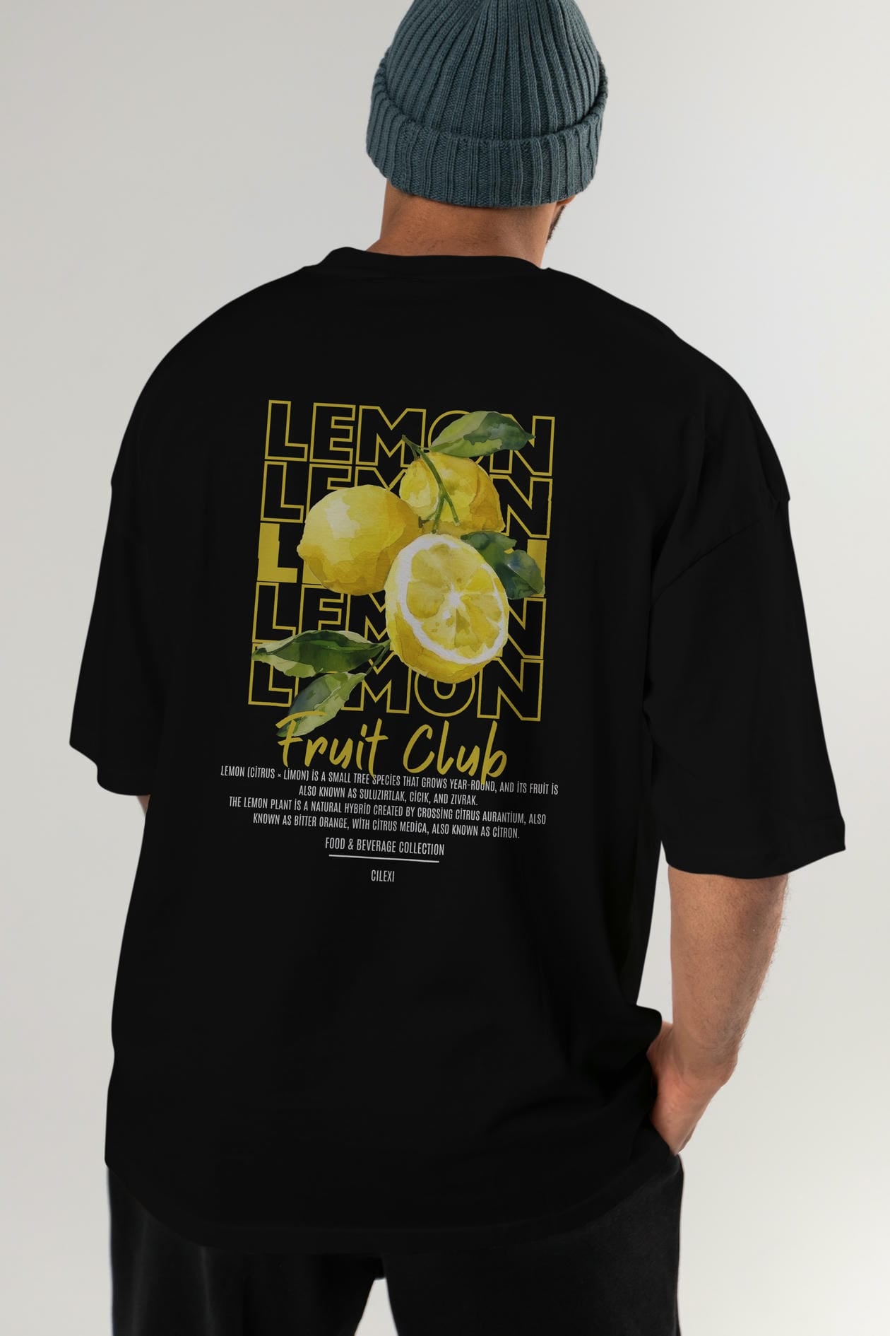 Lemon Arka Baskılı Oversize t-shirt Erkek Kadın Pamuk Bisiklet Yaka tişort