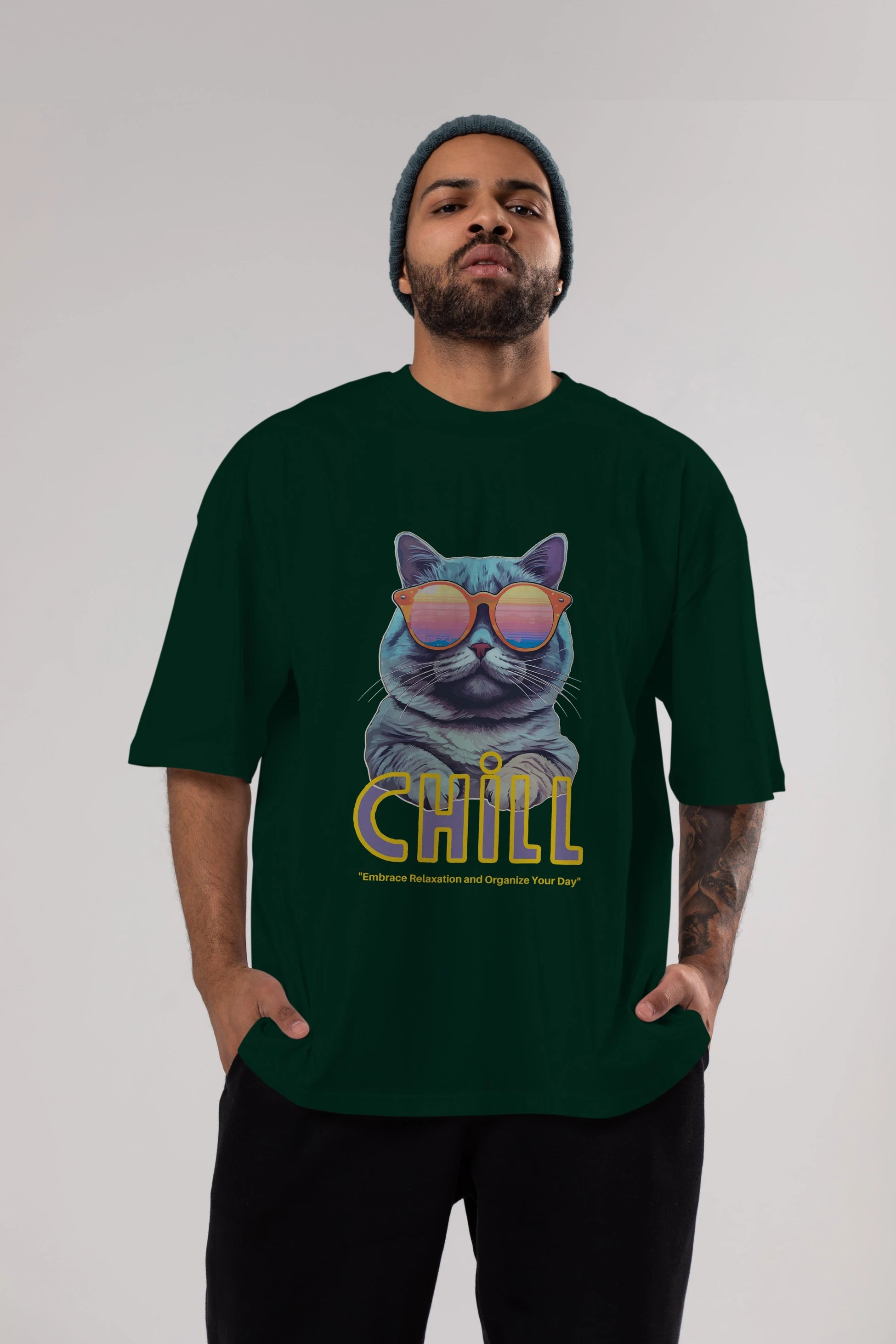 Chill Cat Ön Baskılı Oversize t-shirt Erkek Kadın Unisex