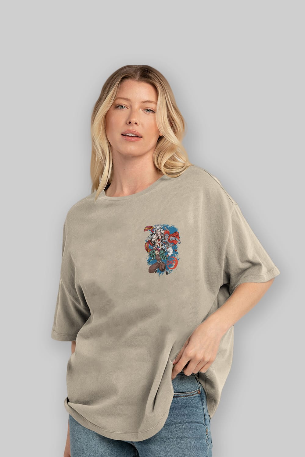 TANJIRO ,AKAZA,DAKI Ön Sol Baskılı Oversize t-shirt Erkek Kadın Unisex %100 Pamuk Bisiklet Yaka tişort