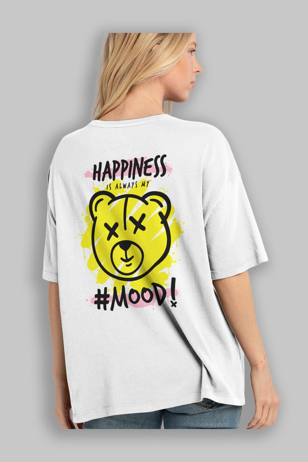 Happiness Mood Bear Arka Baskılı Oversize t-shirt Erkek Kadın Unisex