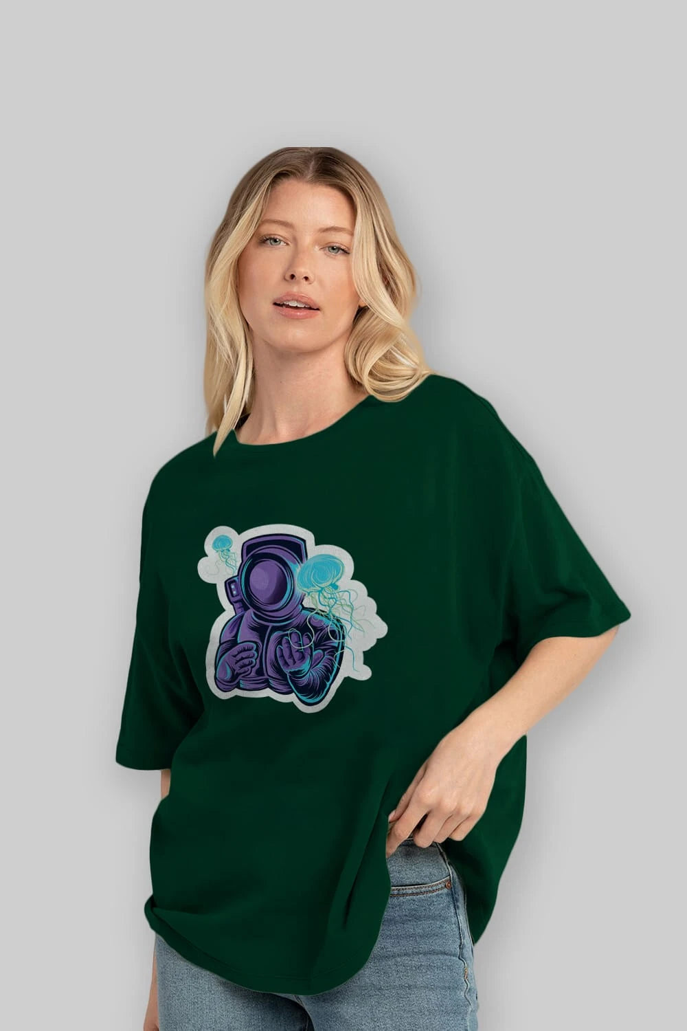 Astronaut and Jellyfish Sticker Ön Baskılı Oversize t-shirt Erkek Kadın Unisex