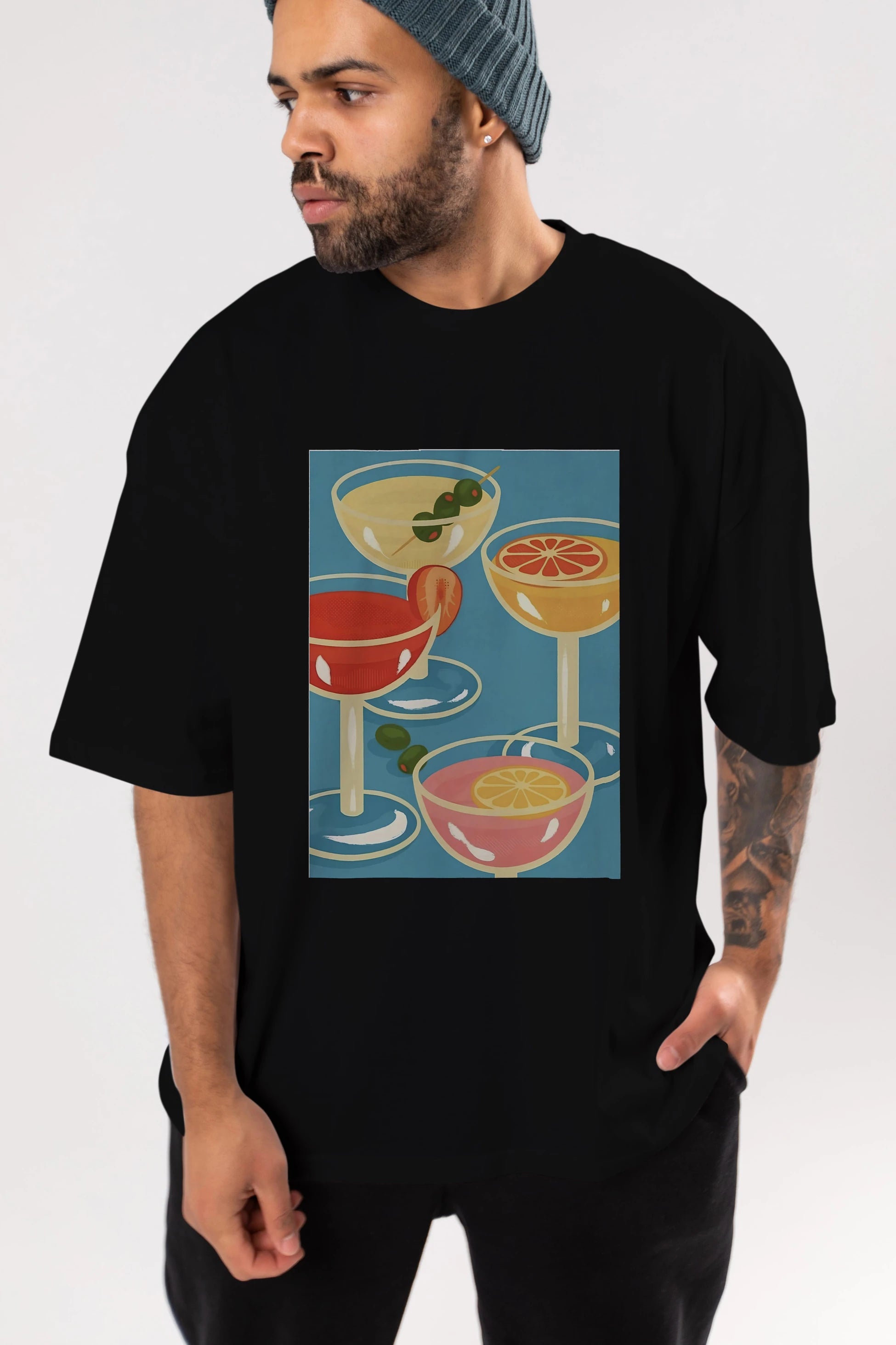 Cocktails Ön Baskılı Oversize t-shirt Erkek Kadın Unisex %100 Pamuk Bisiklet Yaka tişort