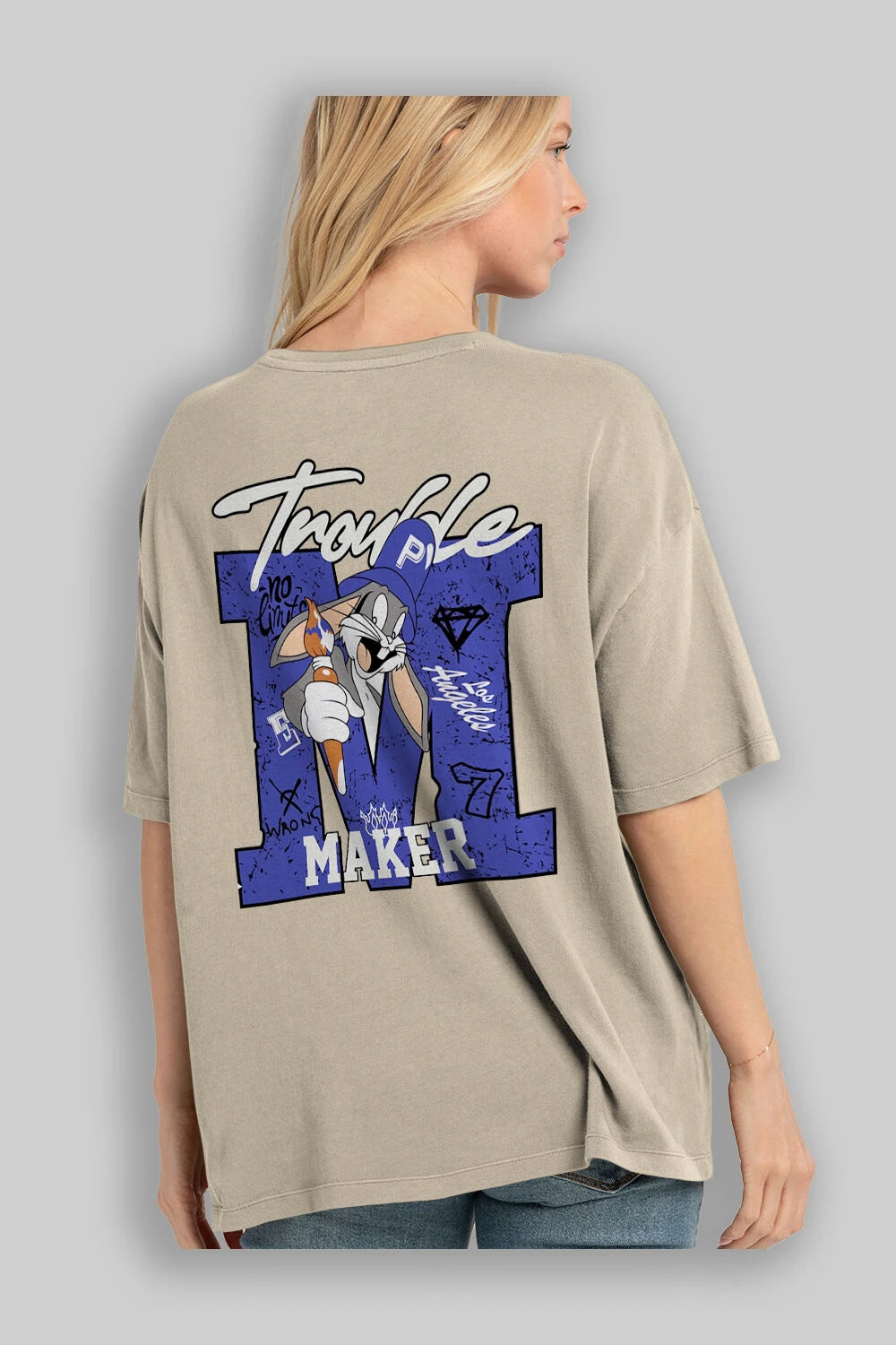 Bugs Bunny Arka Baskılı Oversize t-shirt Erkek Kadın Unisex %100 Pamuk Bisiklet Yaka tişort