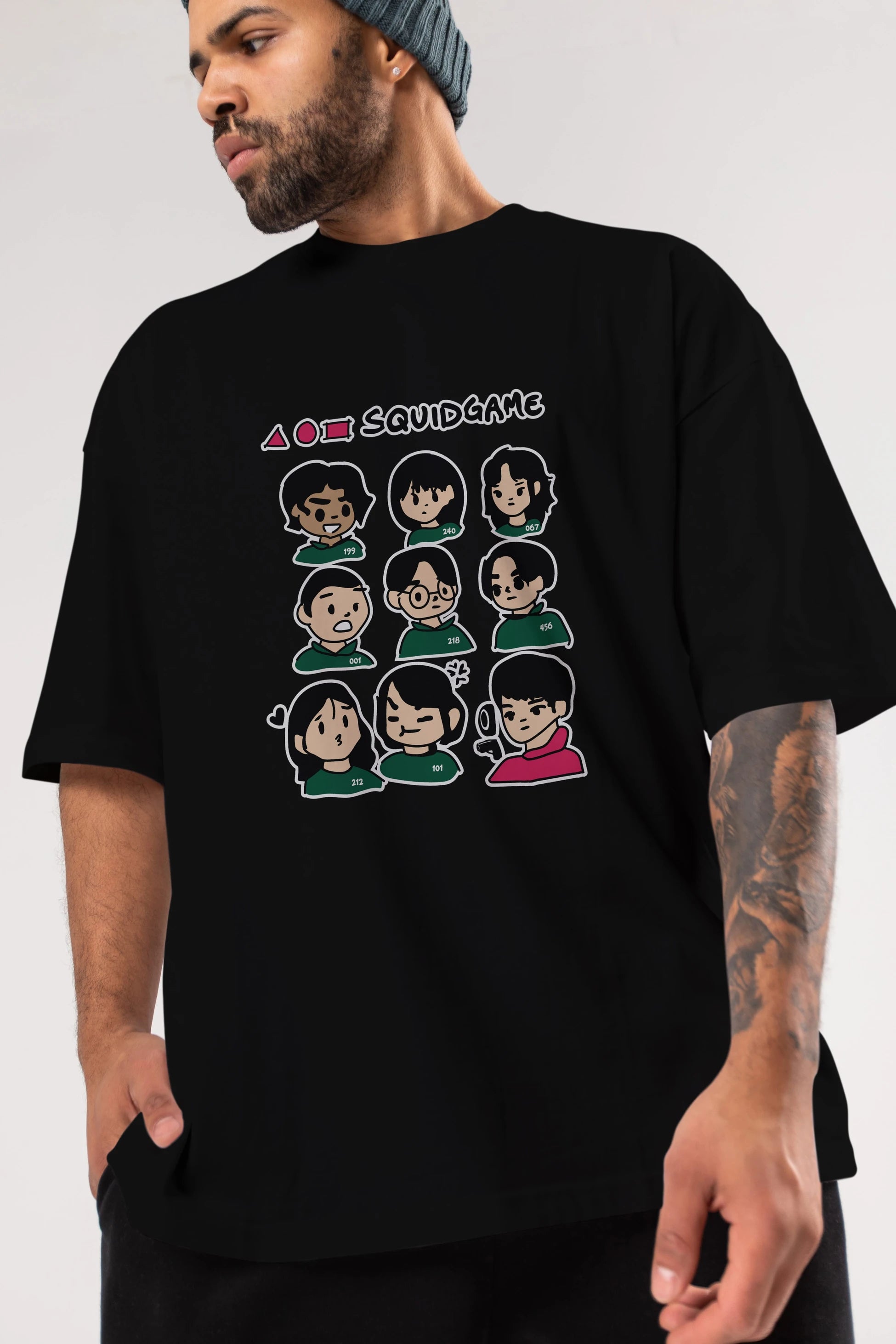 Squid Game (3) Ön Baskılı Oversize t-shirt Erkek Kadın Unisex %100 Pamuk Bisiklet Yaka tişort