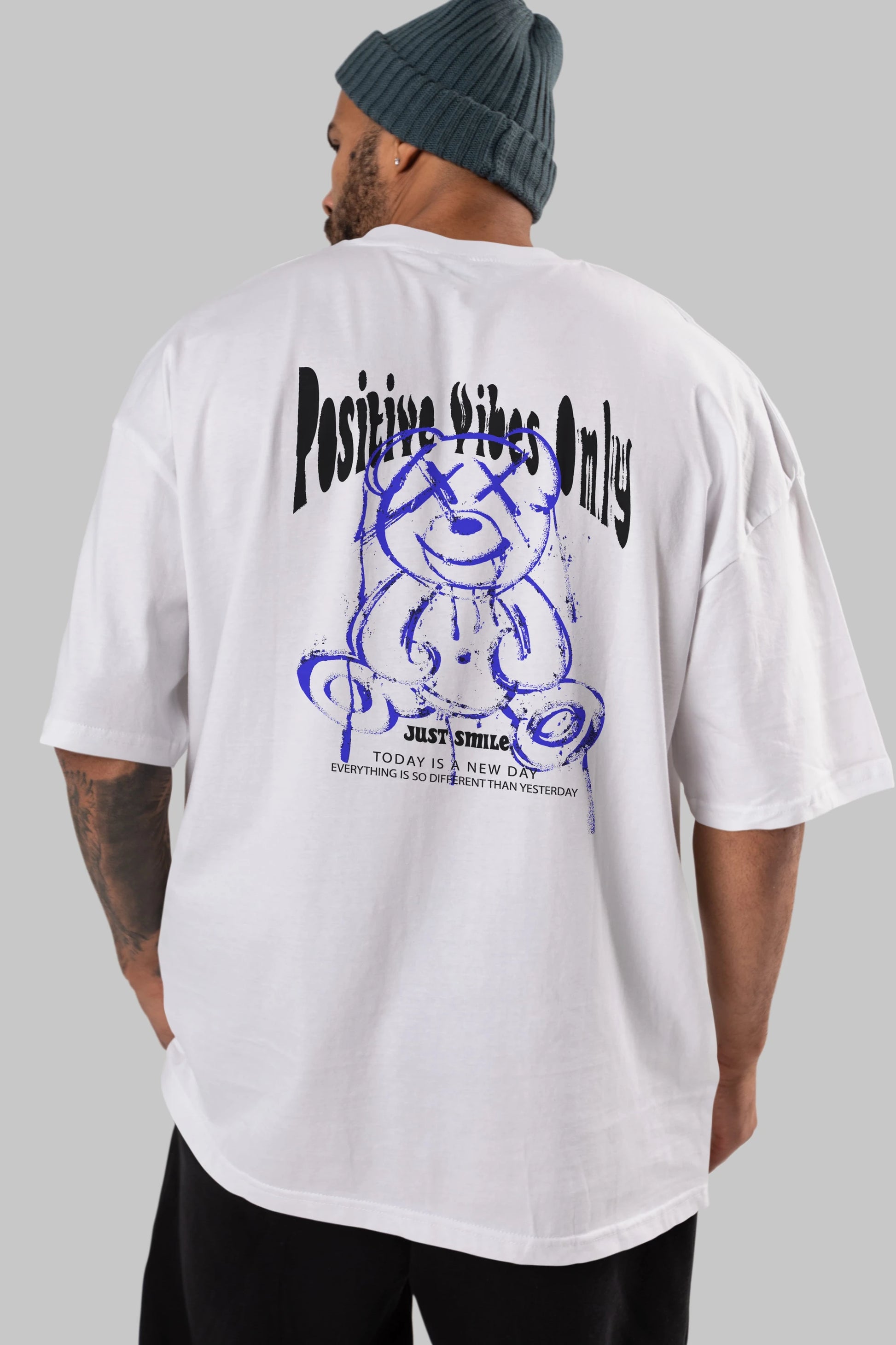 Positive Vibes Only Bear Arka Baskılı Oversize t-shirt Erkek Kadın Unisex