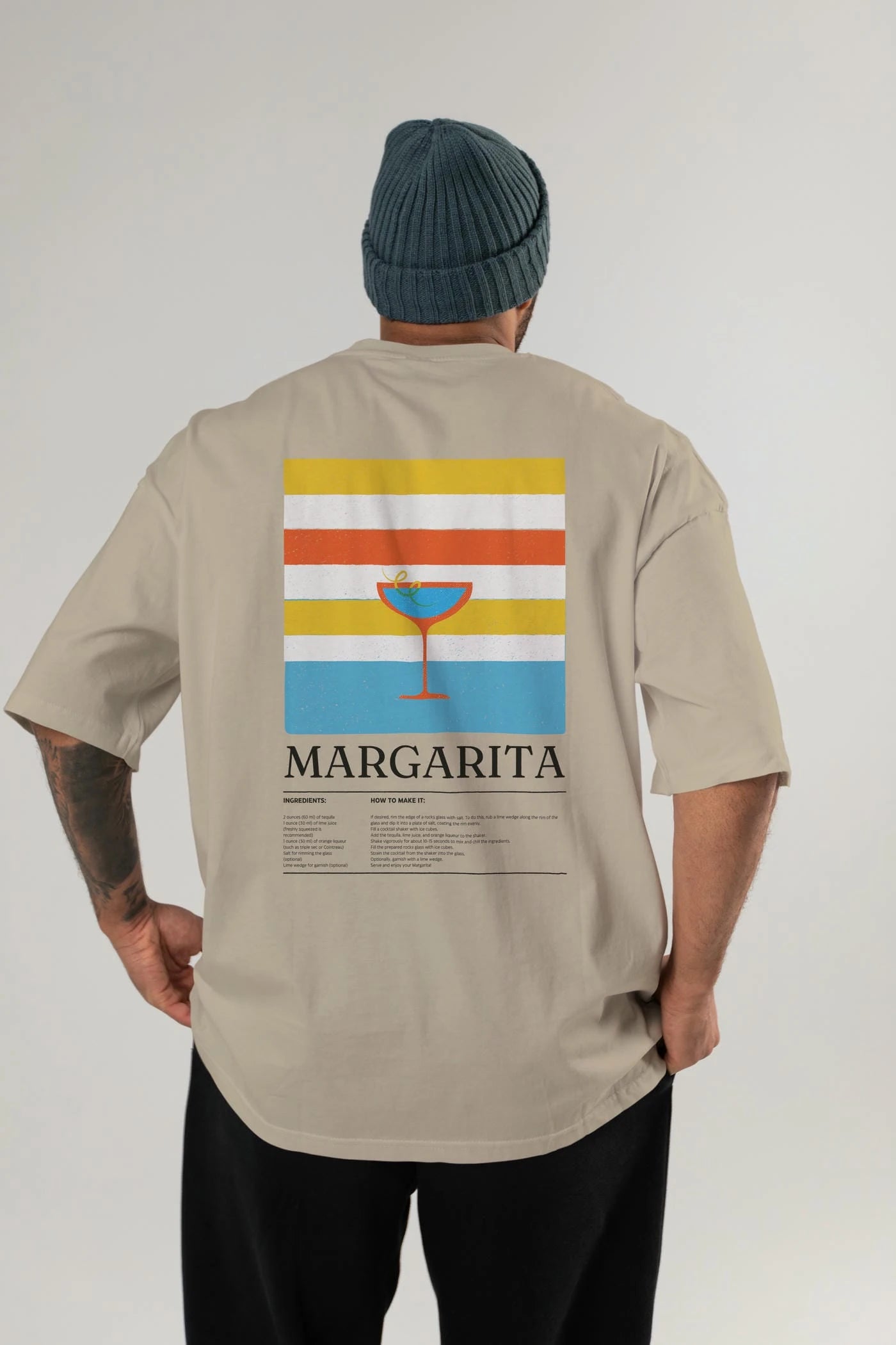 Margarita Kokteyl Serisi Arka Baskılı Oversize t-shirt Erkek Kadın %100 Pamuk Bisiklet Yaka tişort
