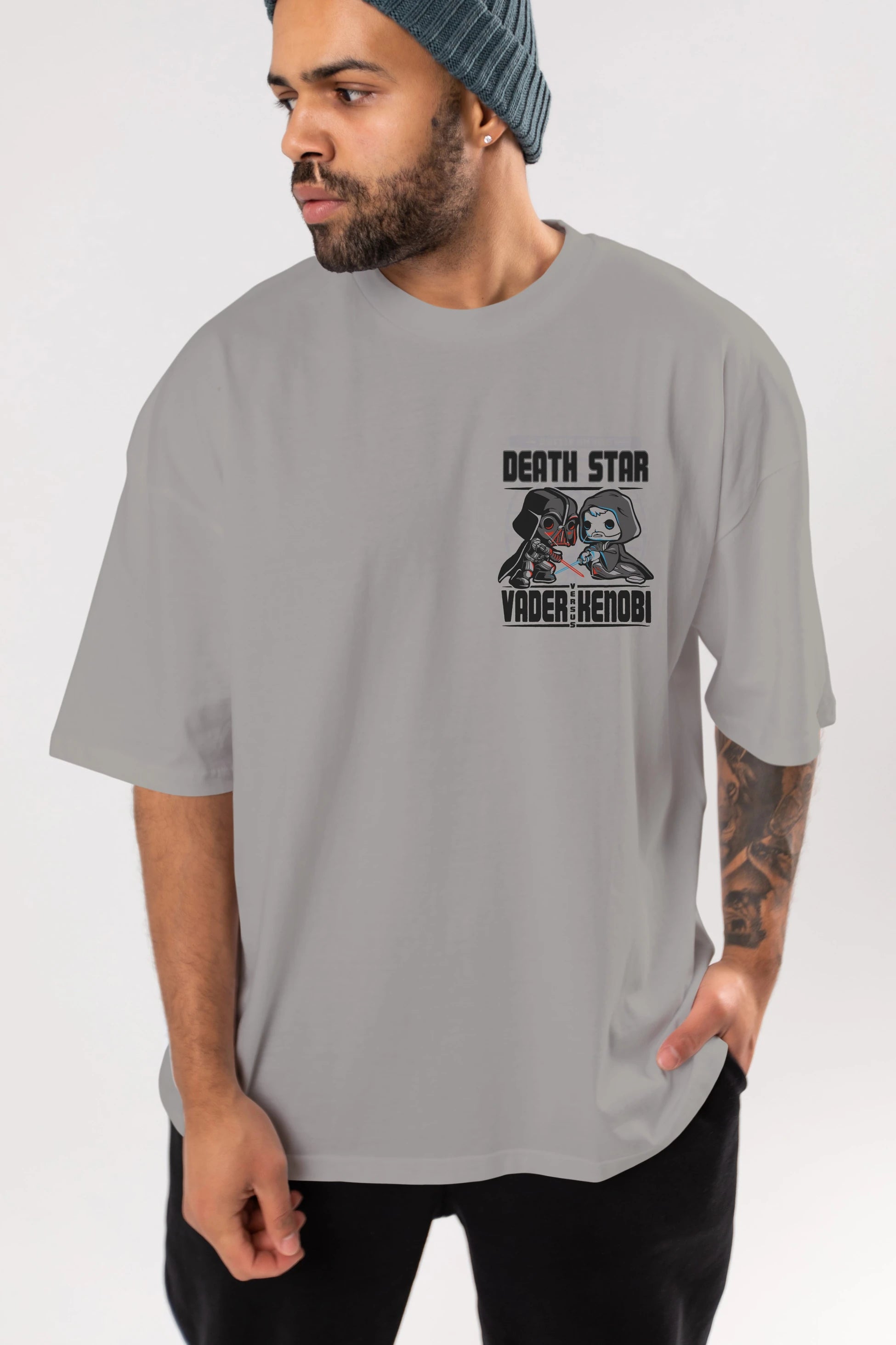 Vader Kenobi Ön Sol Baskılı Oversize t-shirt Erkek Kadın Unisex %100 Pamuk Bisiklet Yaka tişort