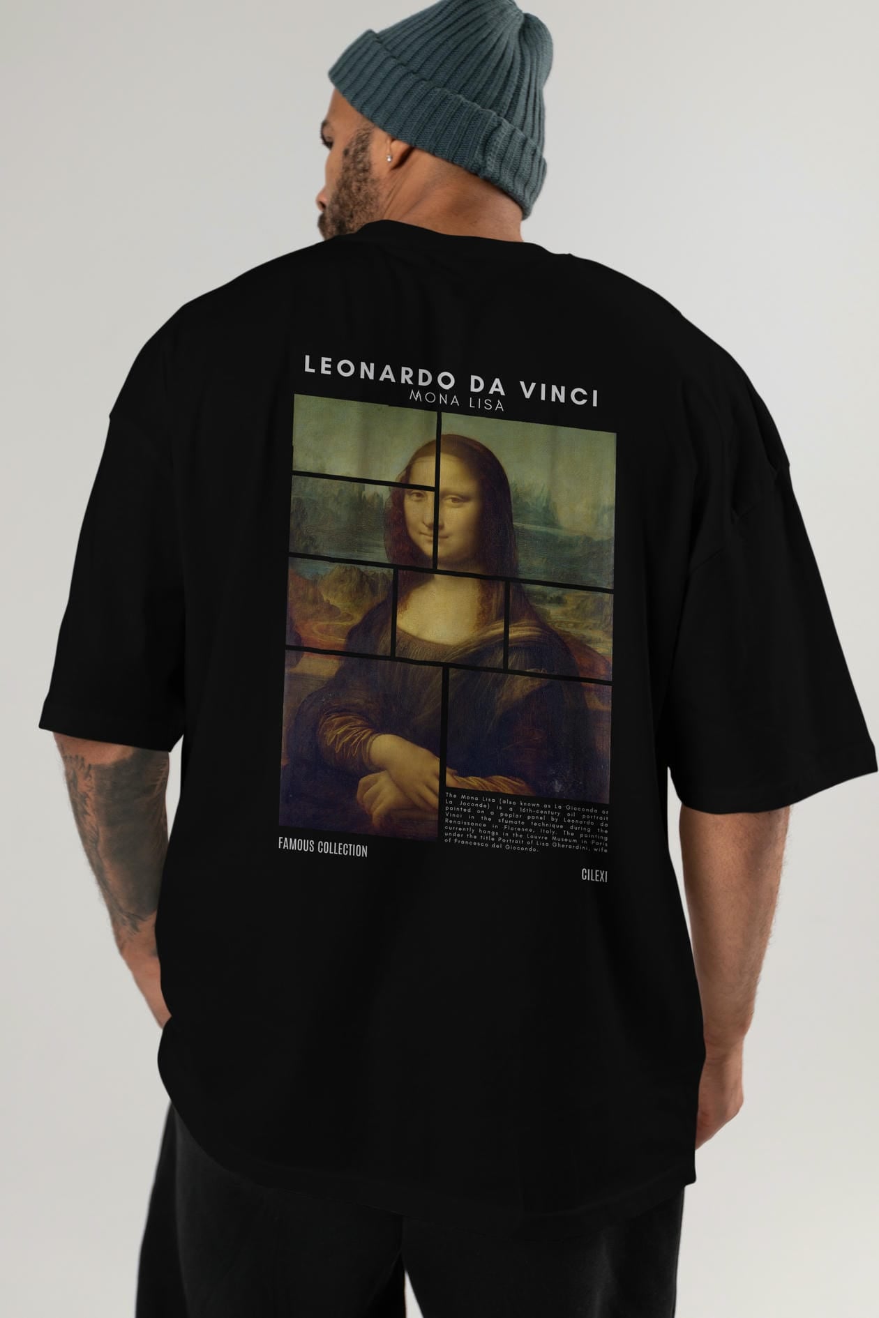 Leonardo Da Vinci Mona Lisa Arka Baskılı Oversize t-shirt Erkek Kadın Bisiklet Yaka Pamuk tişort