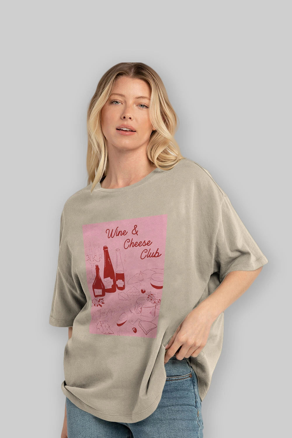 Wine Cheese Club Ön Baskılı Oversize t-shirt Erkek Kadın Unisex %100 Pamuk Bisiklet Yaka tişort