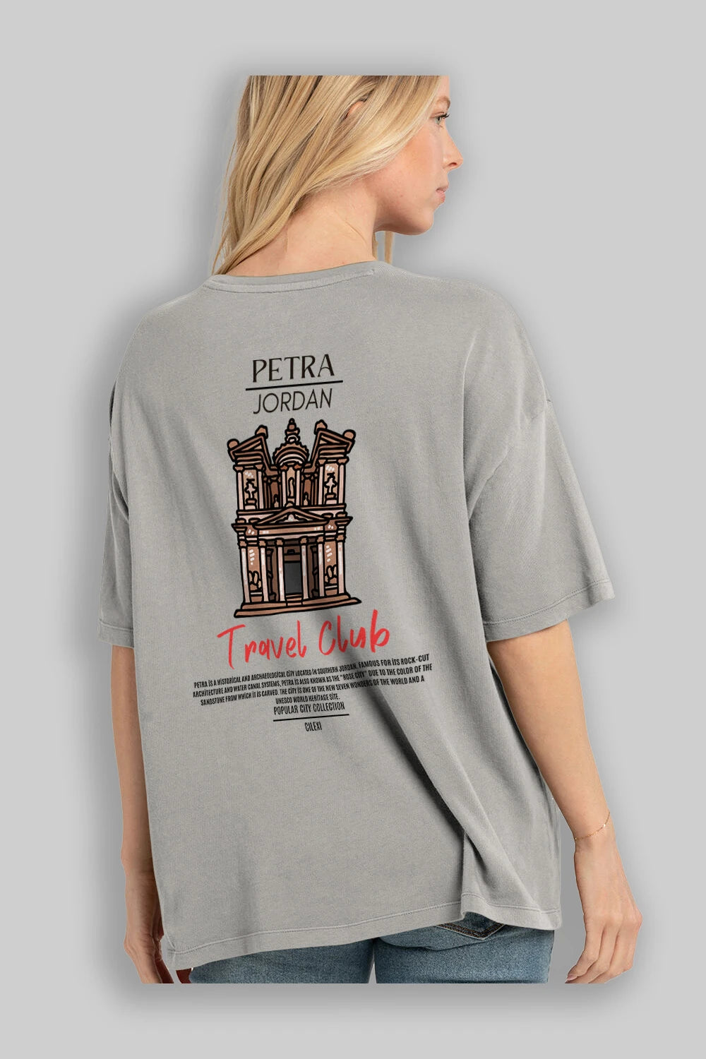 Petra Jordan Arka Baskılı Oversize t-shirt Erkek Kadın Pamuk Bisiklet Yaka tişort