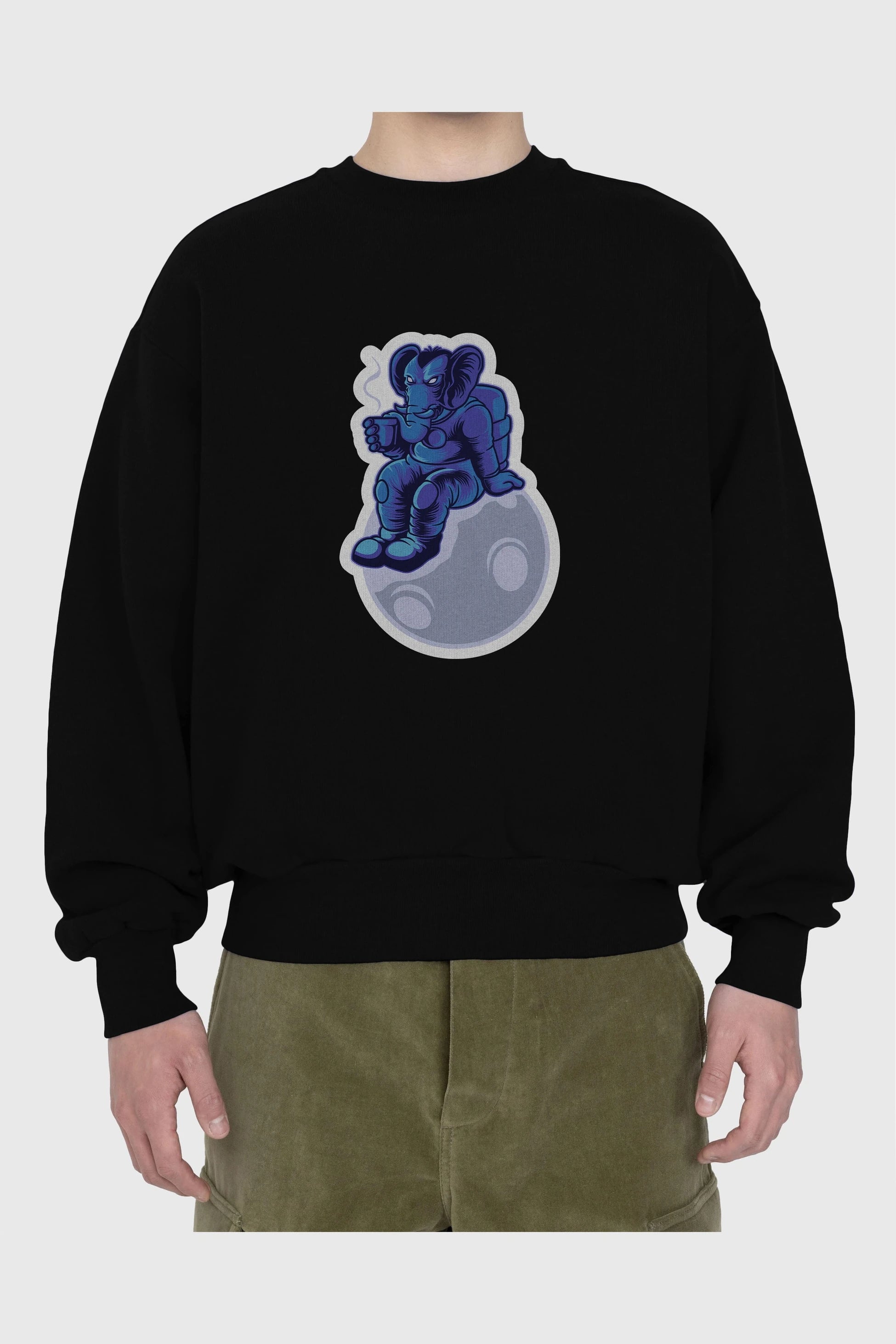 Space Elephant Drink Coffee Sticker Ön Baskılı Oversize Sweatshirt Erkek Kadın Unisex