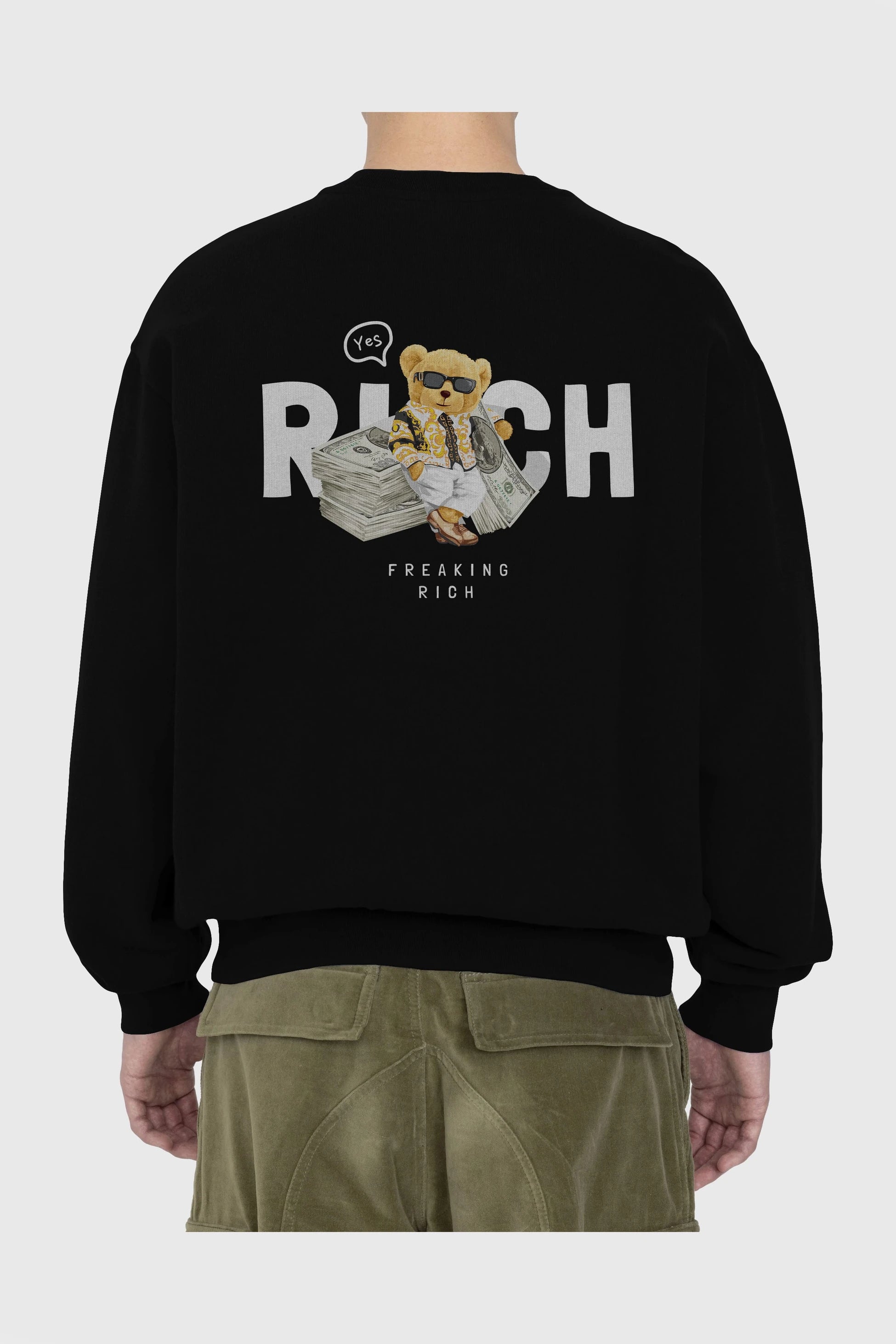Teddy Bear Freakıng Rich Arka Baskılı Oversize Sweatshirt Erkek Kadın Unisex