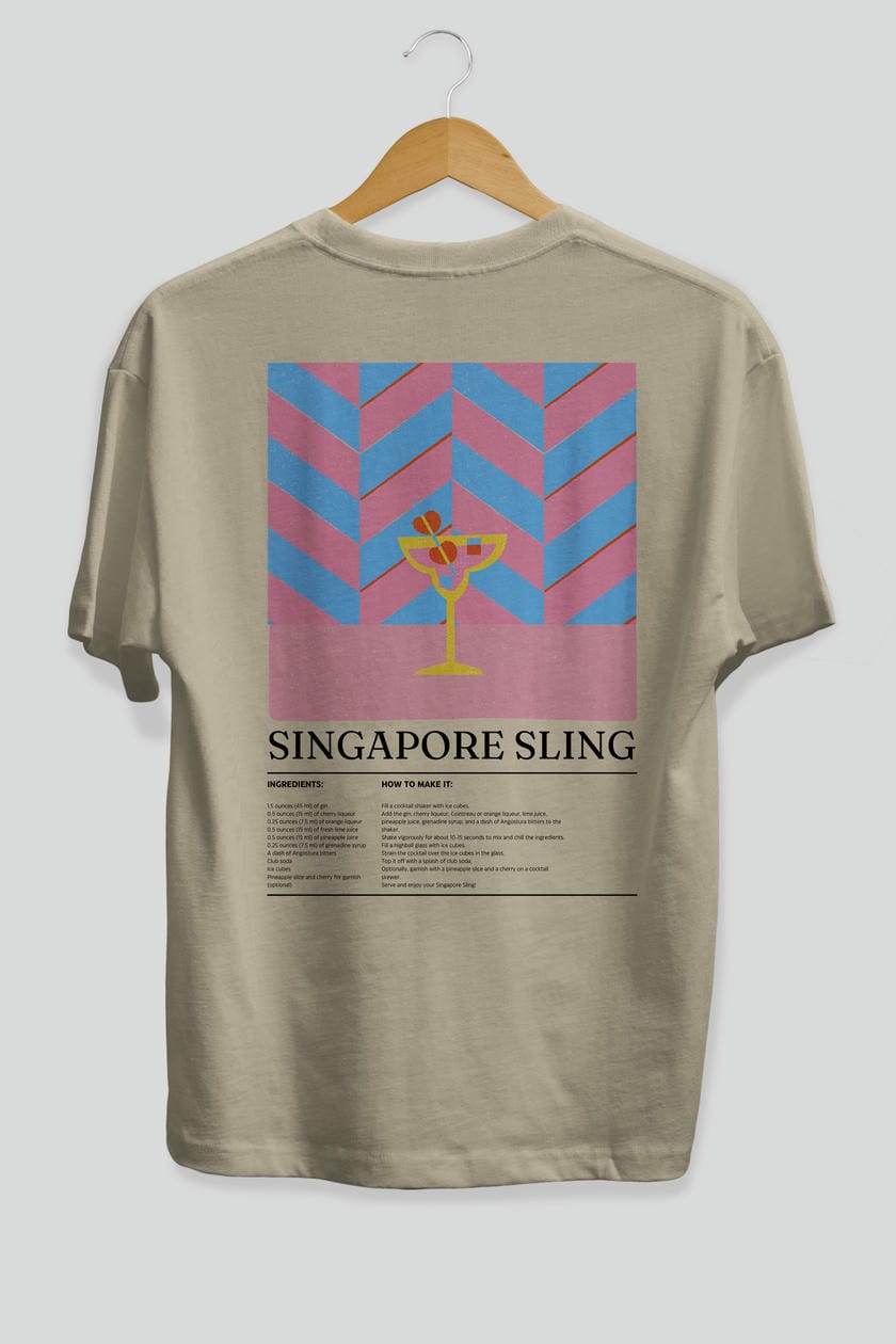 Singapore Sling Kokteyl Serisi Arka Baskılı Oversize t-shirt Erkek Kadın %100 Pamuk Bisiklet Yaka tişort