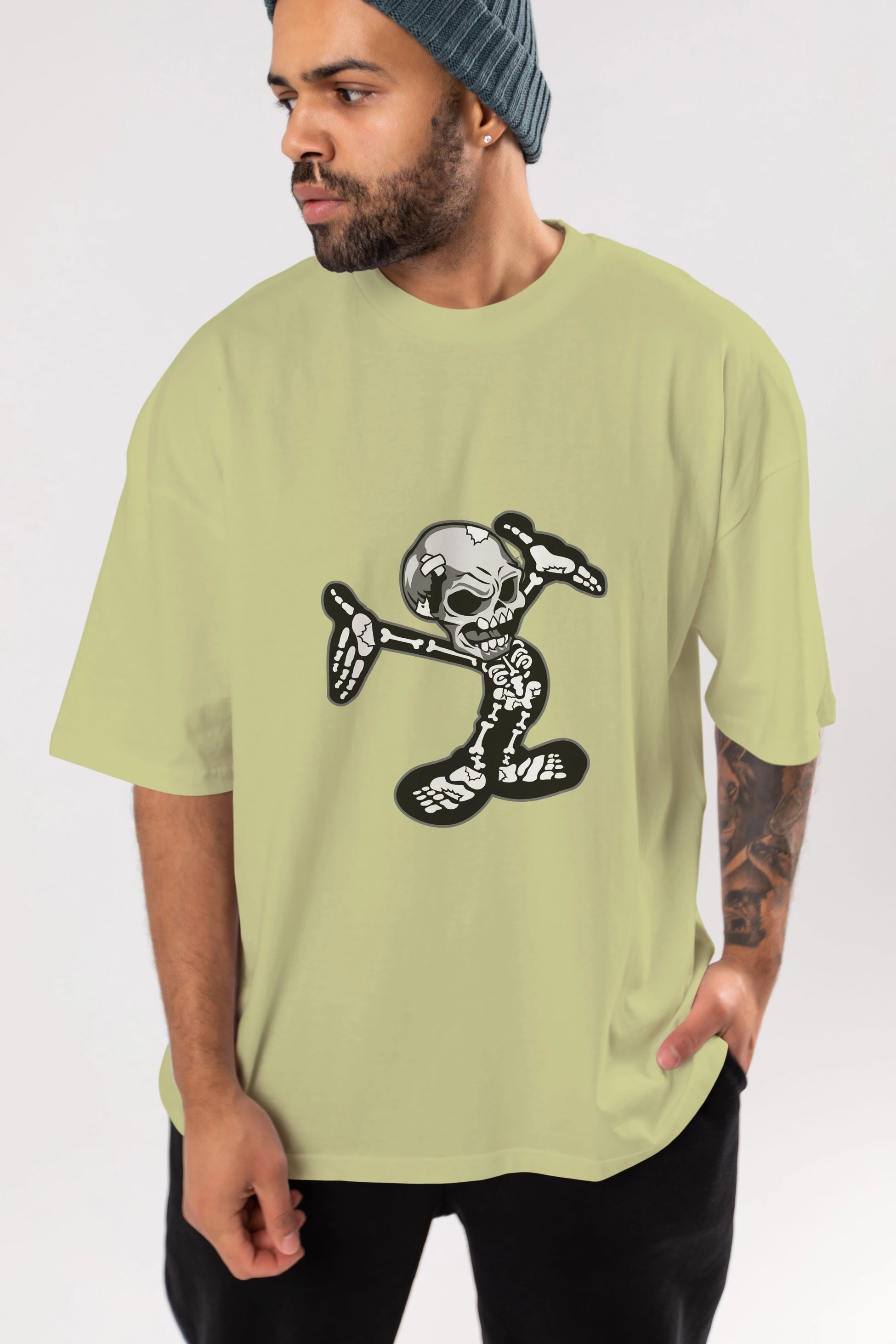 Skull Skeleton Ön Baskılı Oversize t-shirt Erkek Kadın Unisex %100 Pamuk tişort