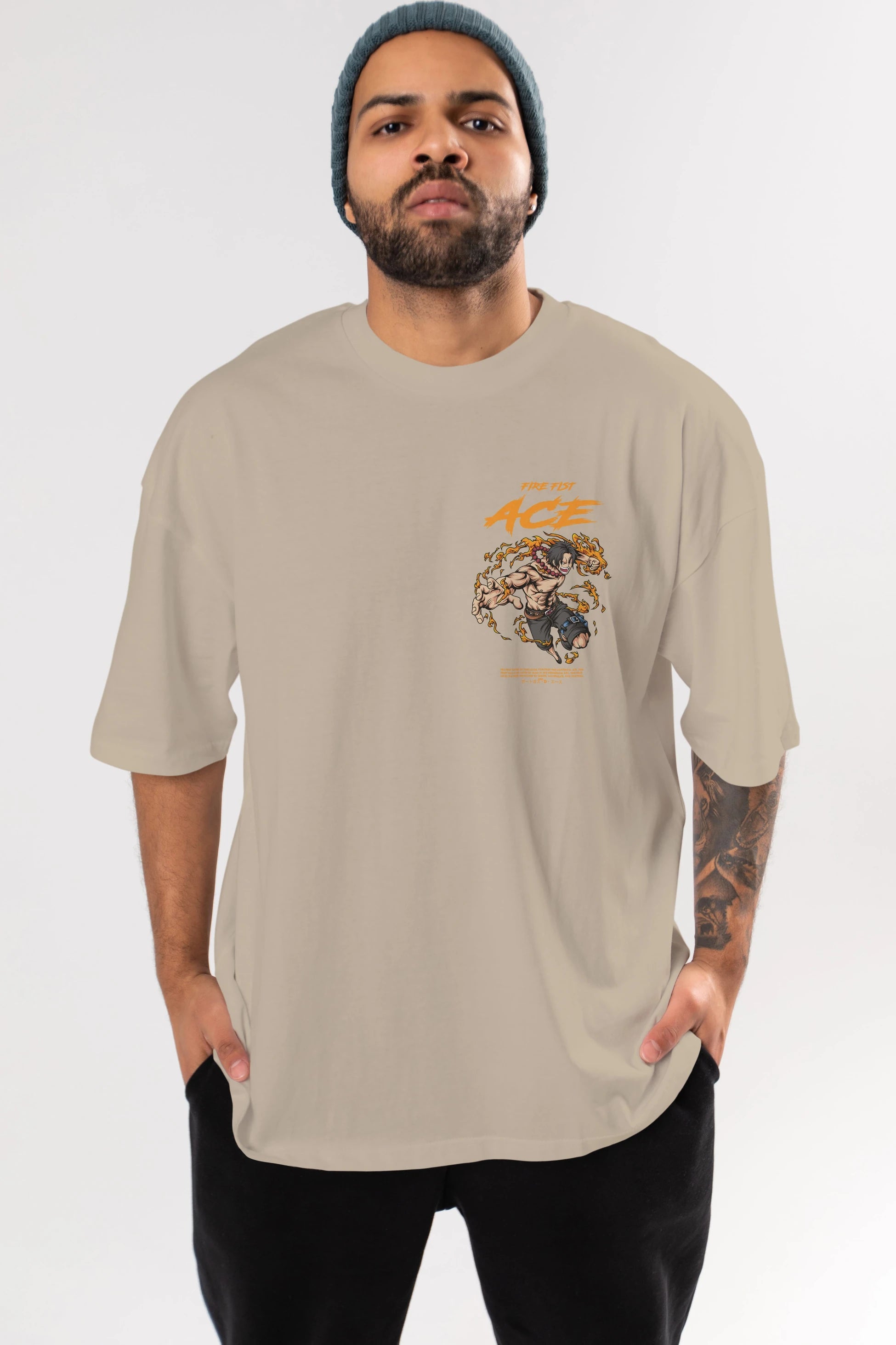 Fire Fist Ace Ön Sol Baskılı Oversize t-shirt Erkek Kadın Unisex %100 Pamuk Bisiklet Yaka tişort