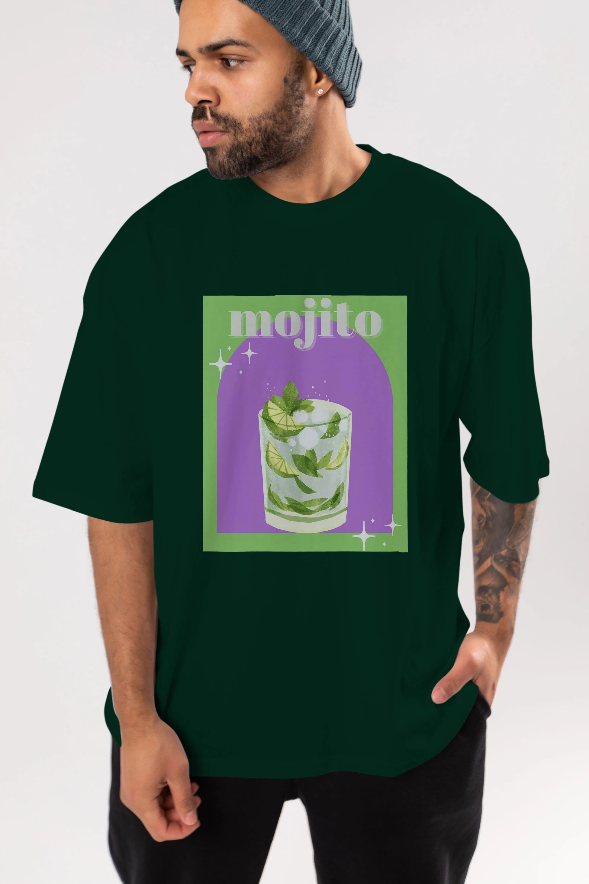 Mojito 3 Ön Baskılı Oversize t-shirt Erkek Kadın Unisex %100 Pamuk Bisiklet Yaka tişort