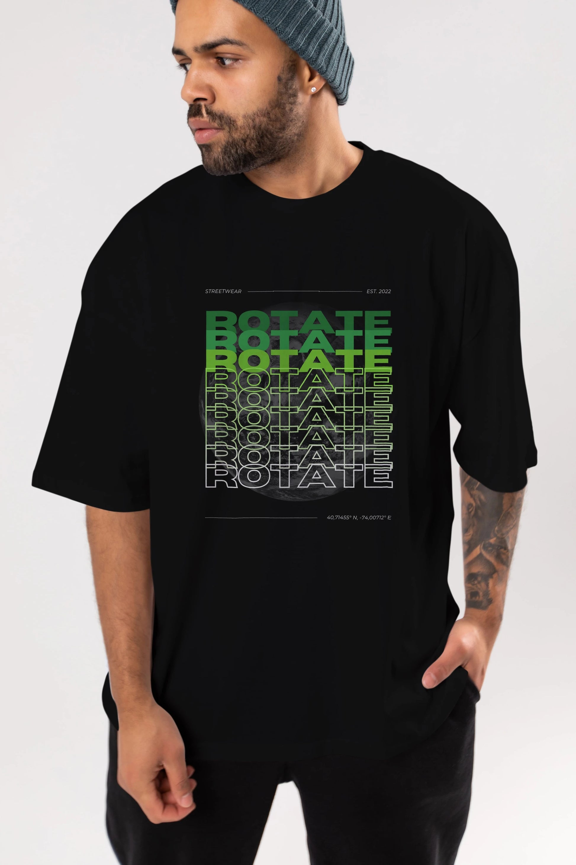 Rotate Yazılı Ön Baskılı Oversize t-shirt Erkek Kadın Unisex