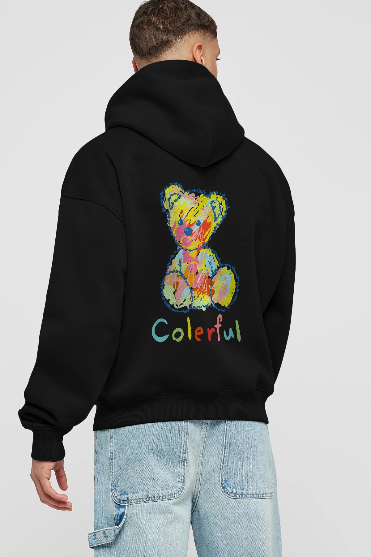 Colerful Bear Arka Baskılı Hoodie Oversize Kapüşonlu Sweatshirt Erkek Kadın Unisex