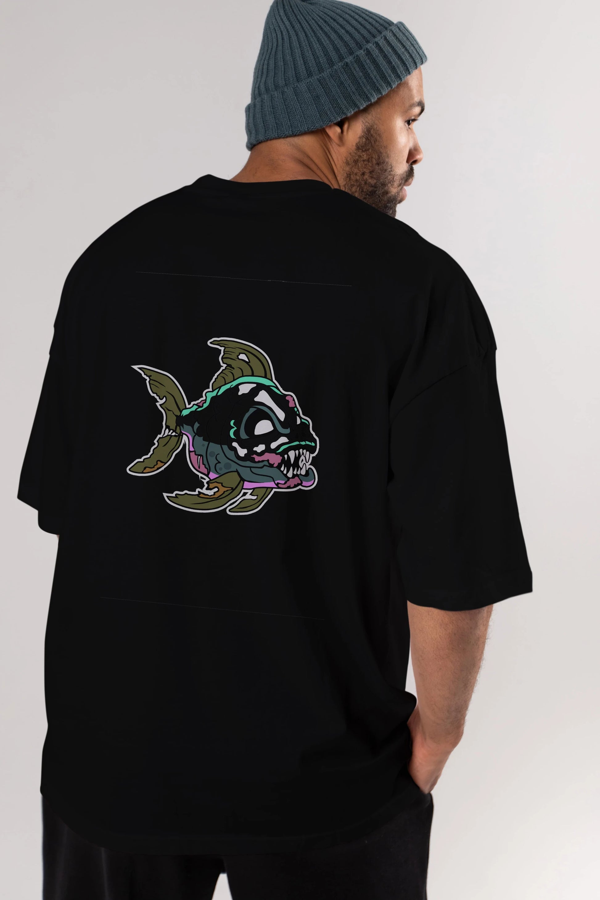 Fish Monster Arka Baskılı Oversize t-shirt Erkek Kadın Unisex %100 Pamuk tişort