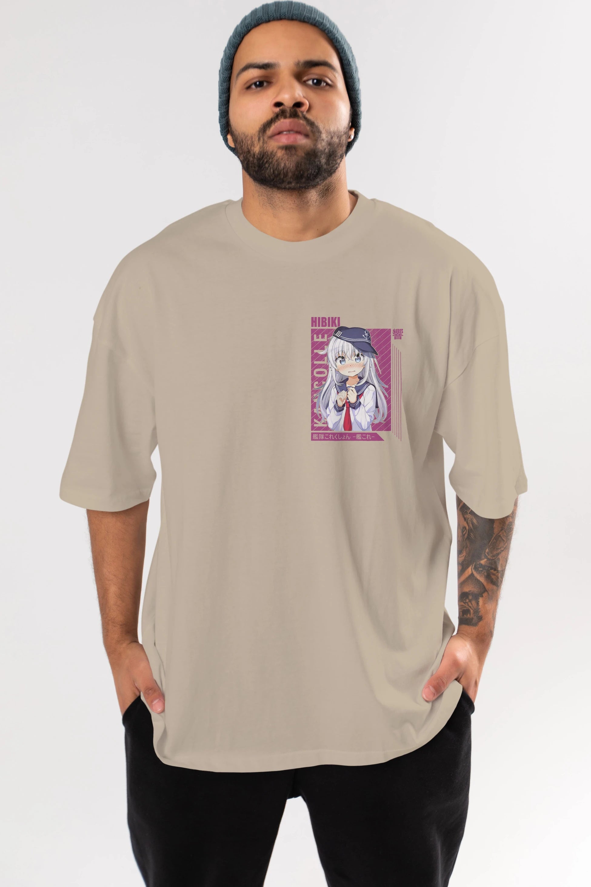 Hibiki 4 Ön Sol Baskılı Oversize t-shirt Erkek Kadın Unisex %100 Pamuk Bisiklet Yaka tişort
