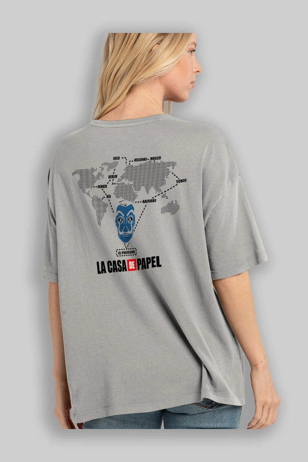 La Casa De Papel Arka Baskılı Oversize t-shirt Erkek Kadın Unisex %100 Pamuk Bisiklet Yaka tişort