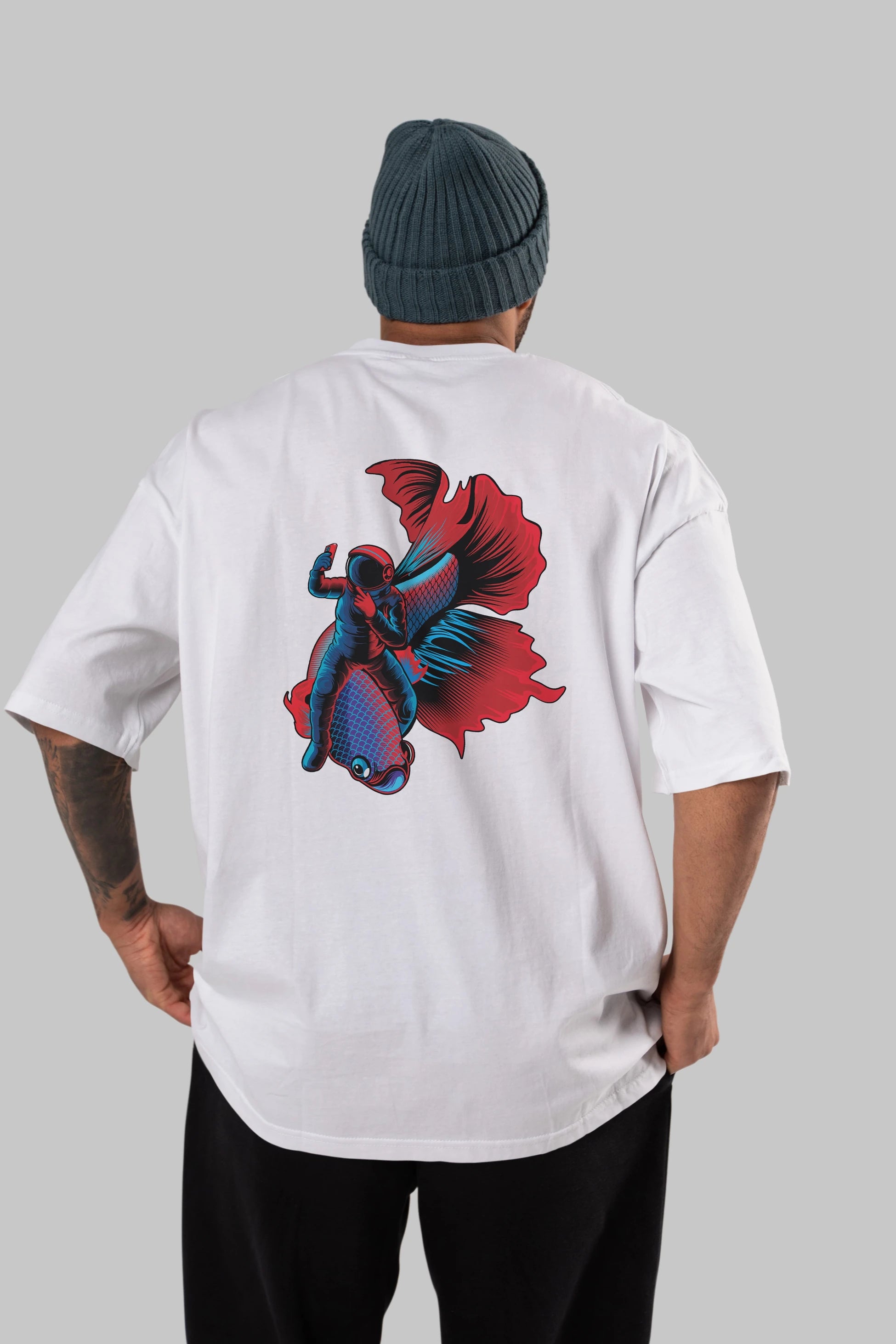 Astrofish selfie Arka Baskılı Oversize t-shirt Erkek Kadın Unisex