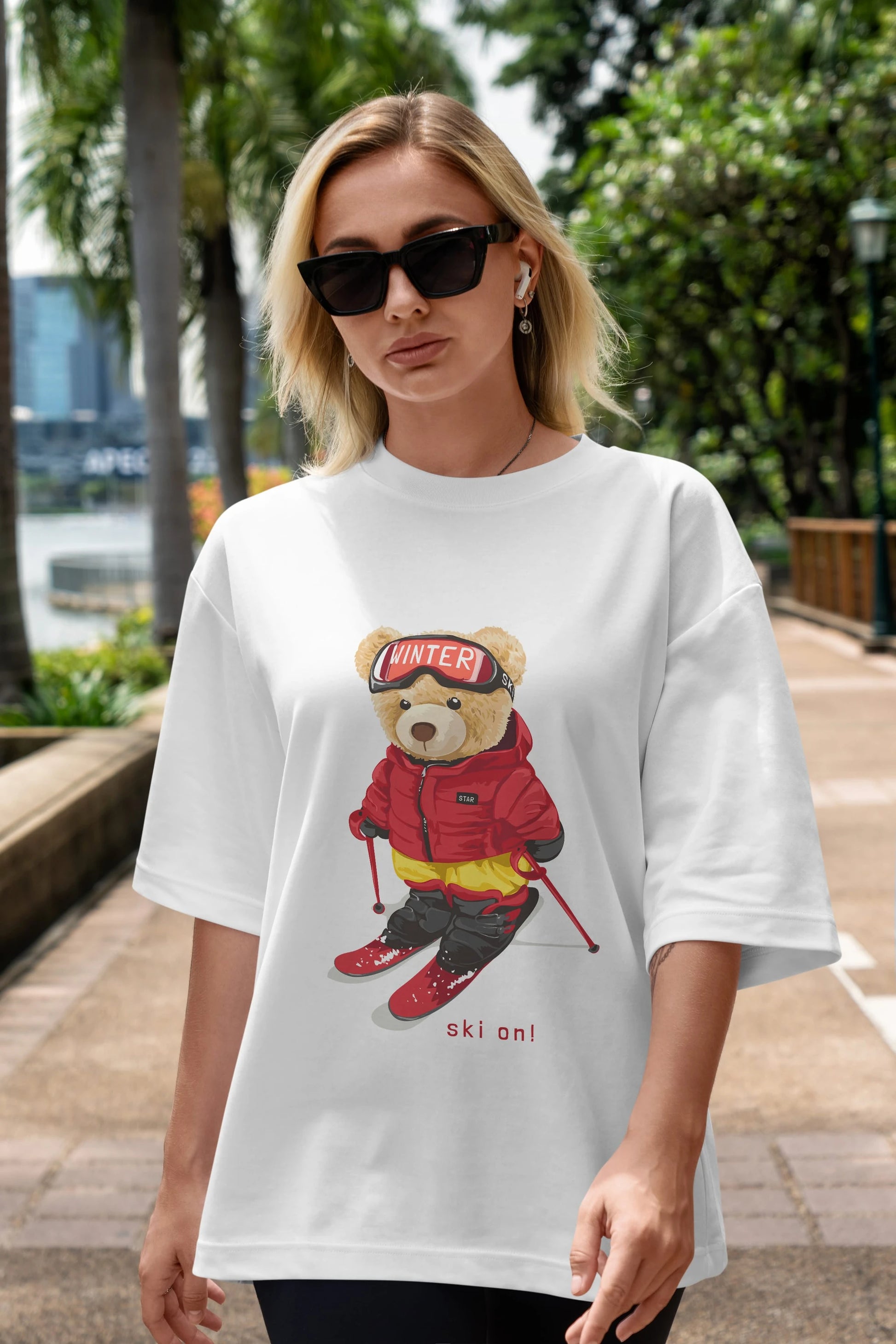 Teddy Bear Ski On Ön Baskılı Oversize t-shirt Erkek Kadın Unisex %100 Pamuk