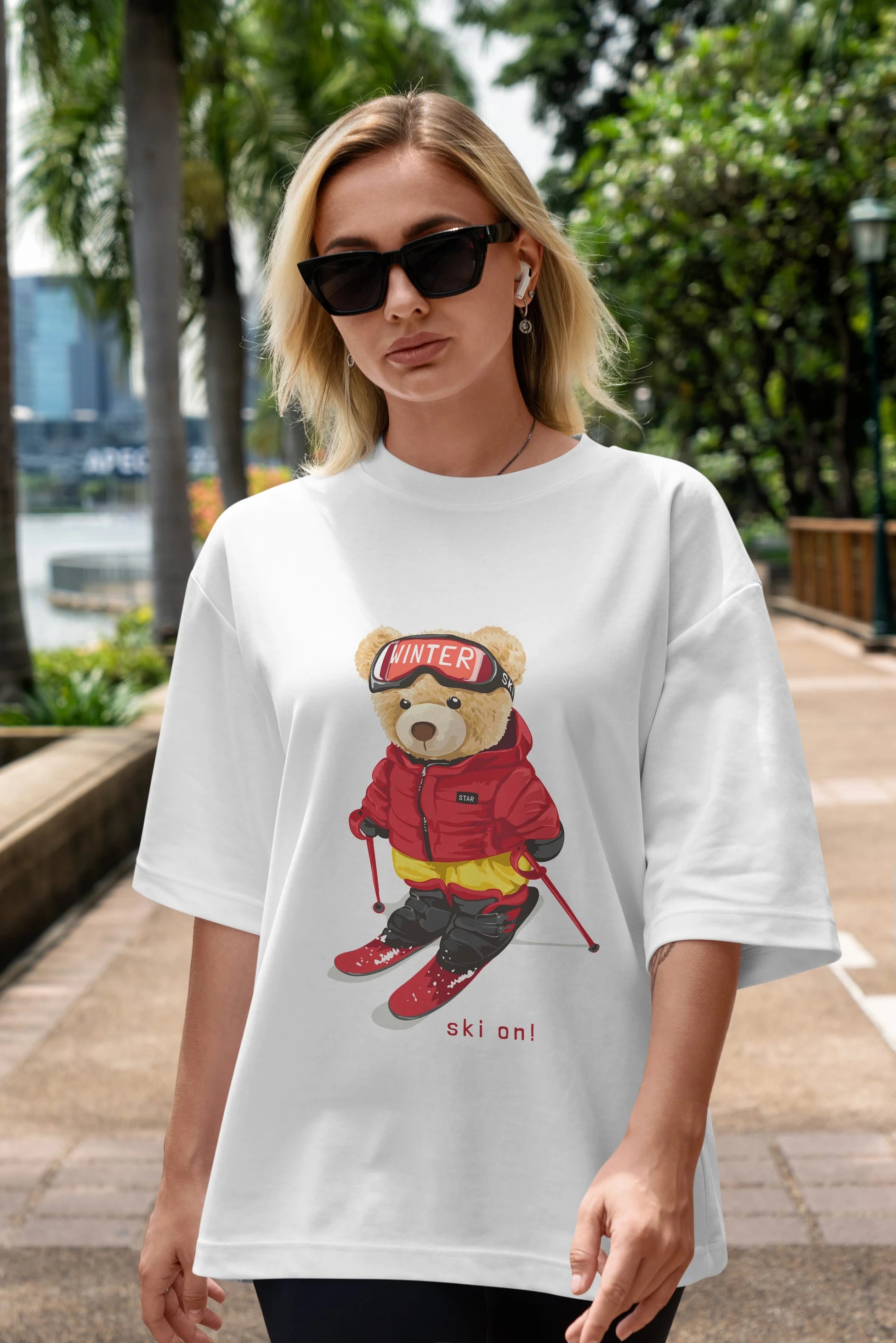 Teddy Bear Ski On Ön Baskılı Oversize t-shirt Erkek Kadın Unisex %100 Pamuk