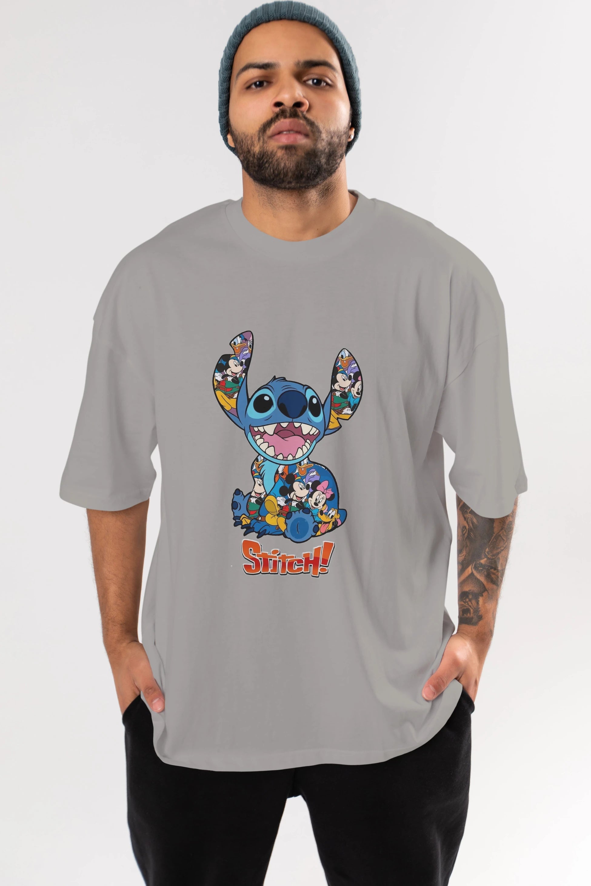 Stitch Ön Baskılı Oversize t-shirt Erkek Kadın Unisex %100 Pamuk Bisiklet Yaka tişort
