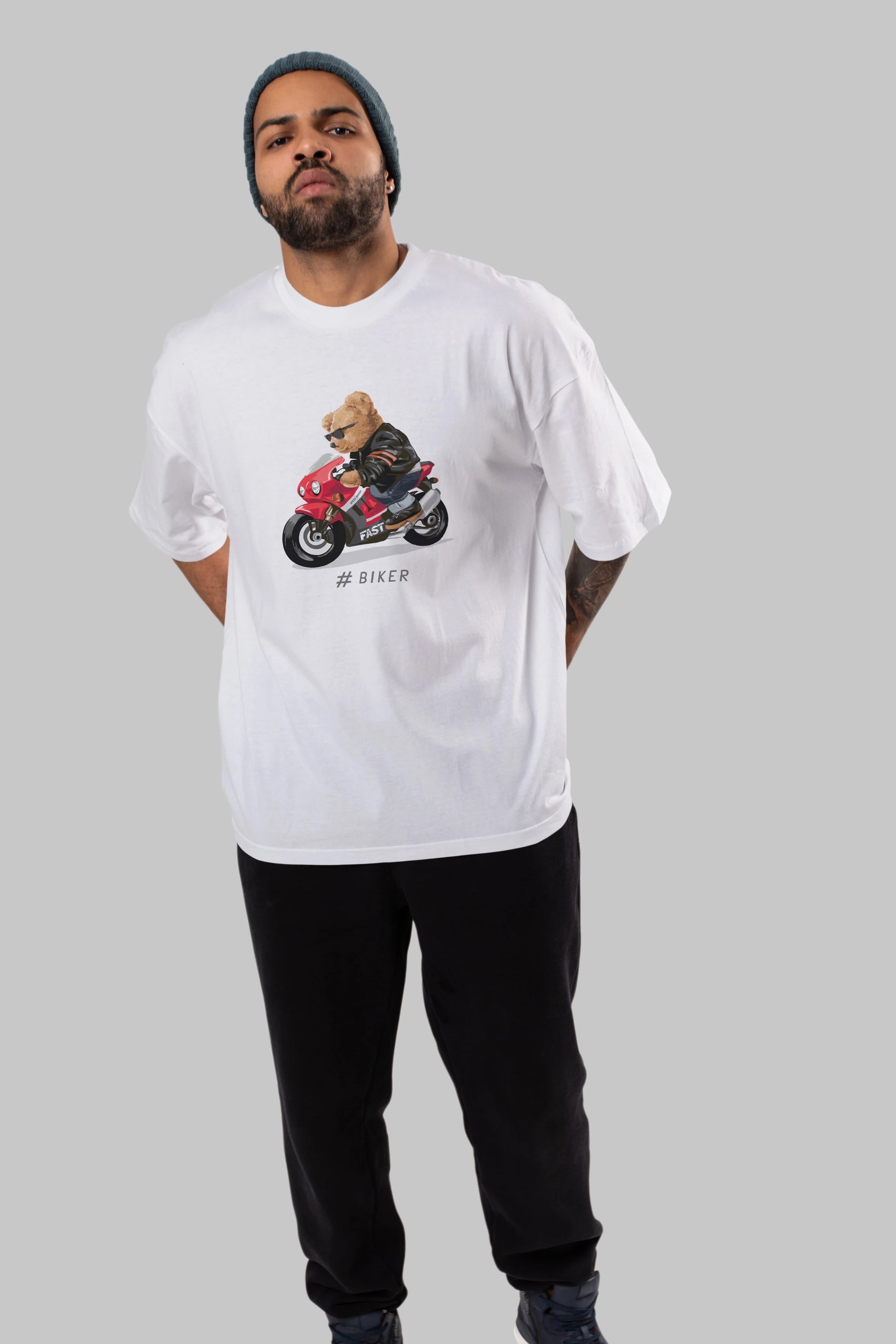 Teddy Bear Biker Ön Baskılı Oversize t-shirt Erkek Kadın Unisex %100 Pamuk