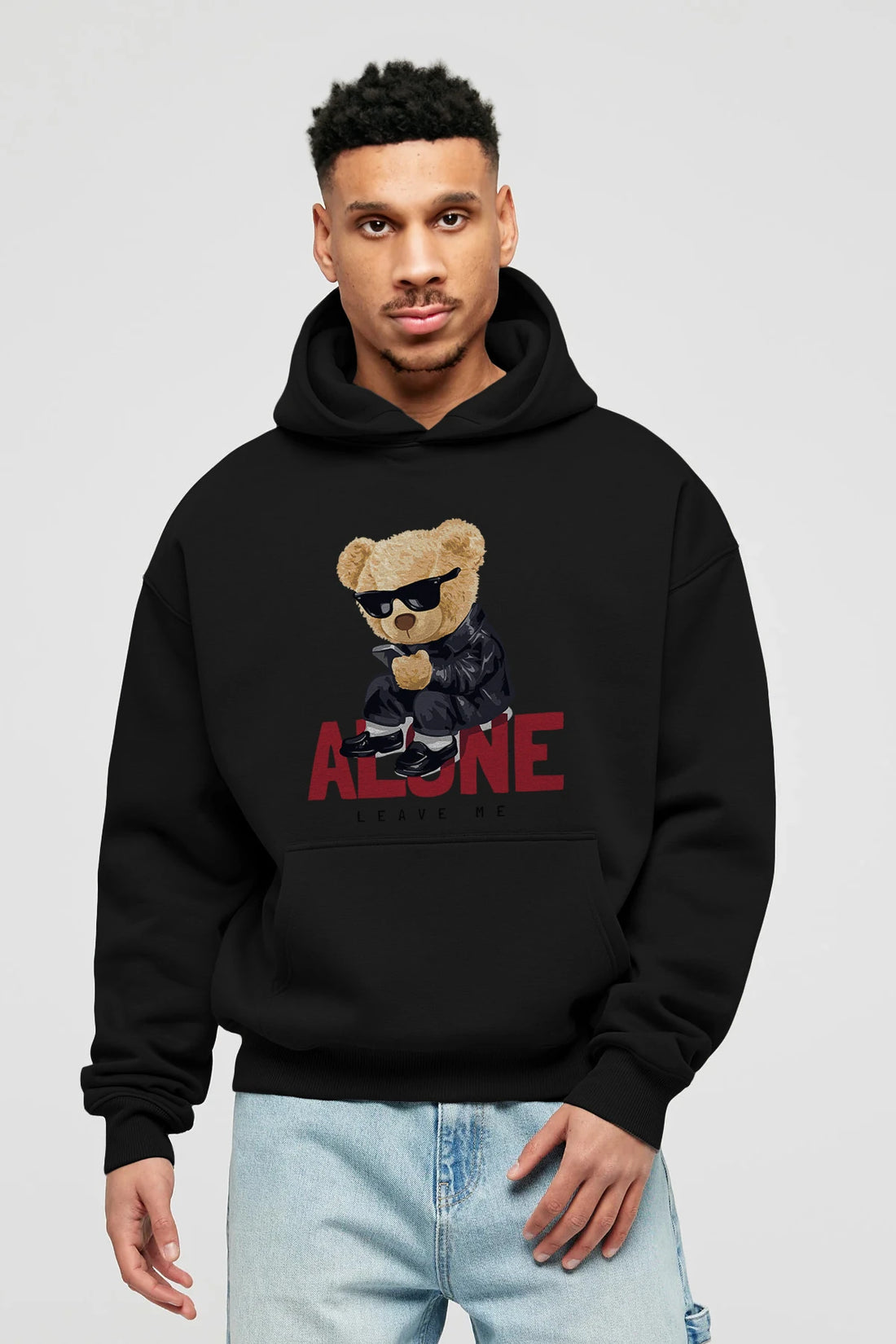 Teddy Bear Alone Ön Baskılı Hoodie Oversize Kapüşonlu Sweatshirt Erkek Kadın Unisex