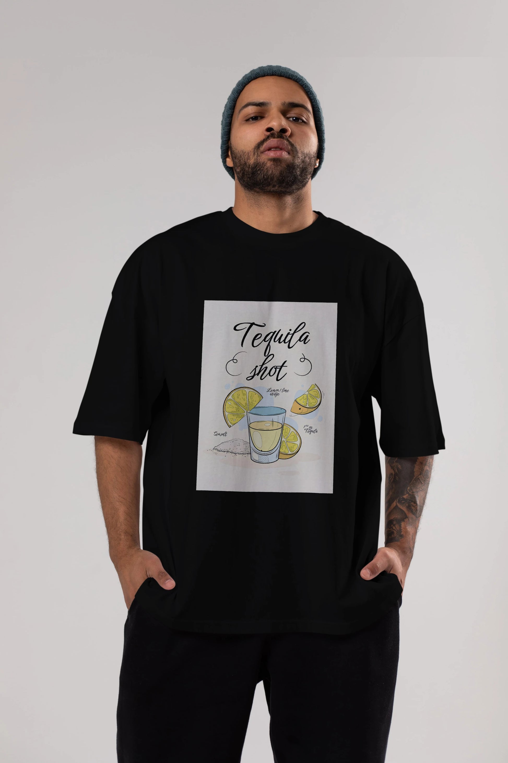 Tequila Shot Ön Baskılı Oversize t-shirt Erkek Kadın Unisex %100 Pamuk Bisiklet Yaka tişort