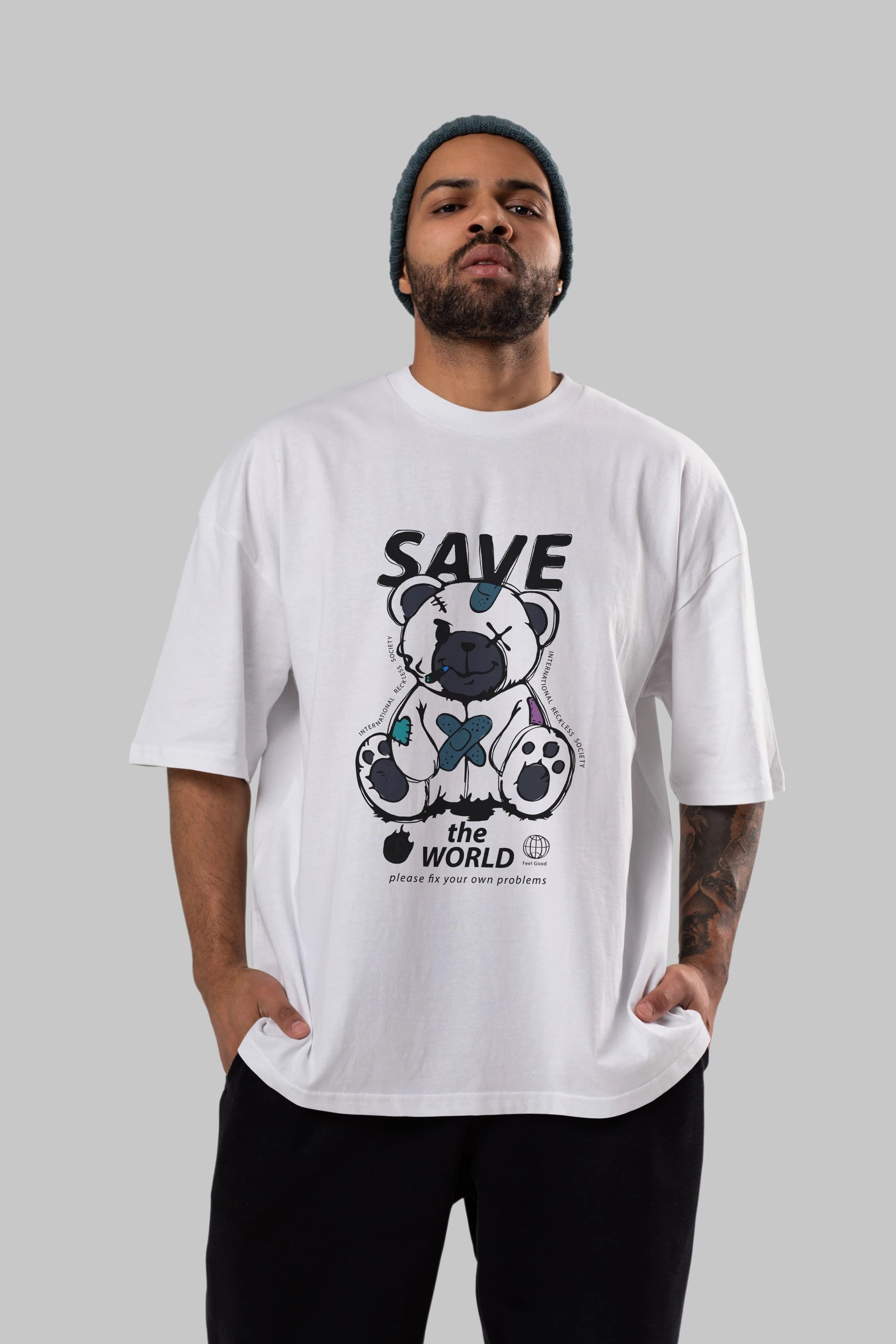 Save the World Bear Ön Baskılı Oversize t-shirt Erkek Kadın Unisex