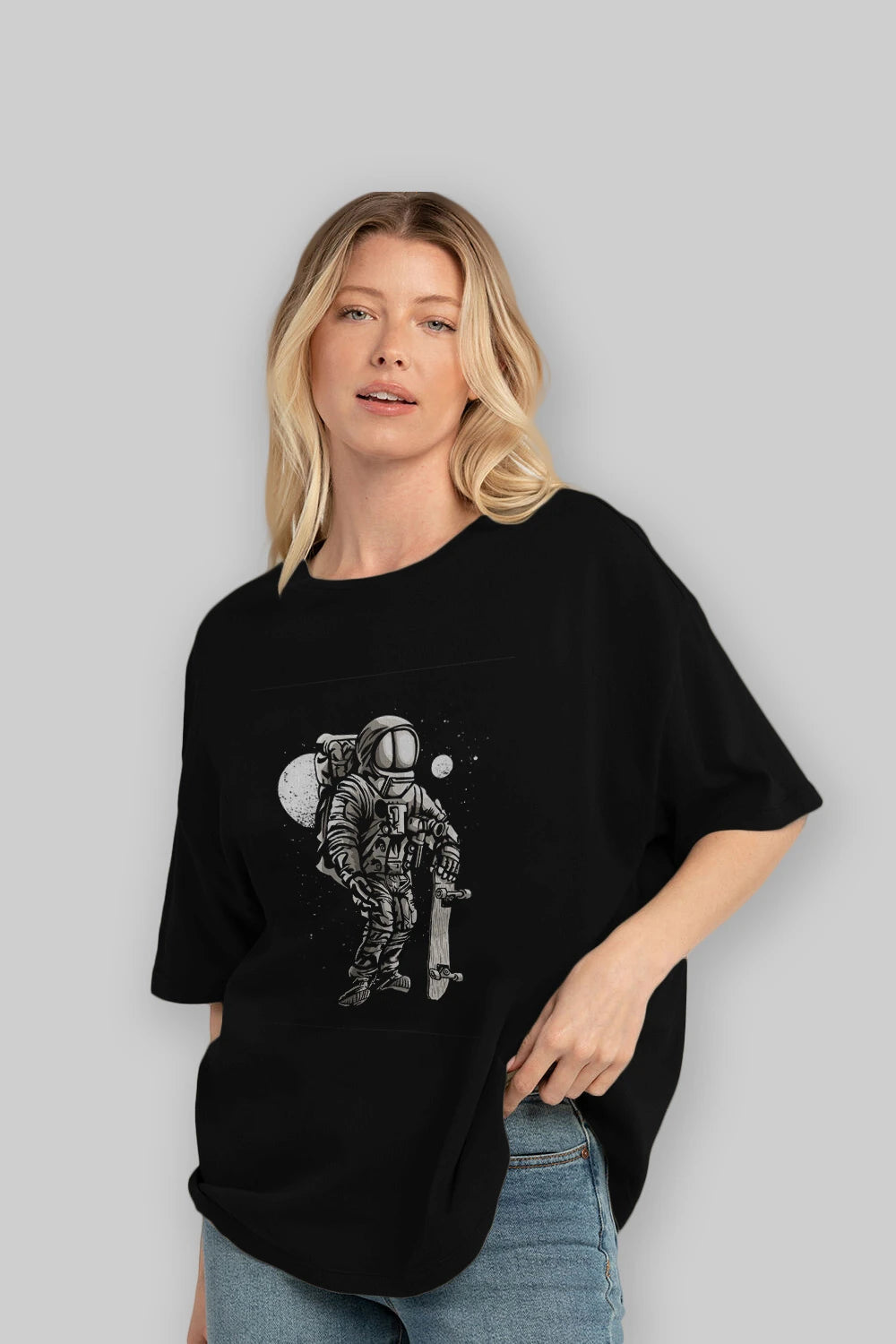 Astronaut Skater Ön Baskılı Oversize t-shirt Erkek Kadın Unisex %100 Pamuk tişort