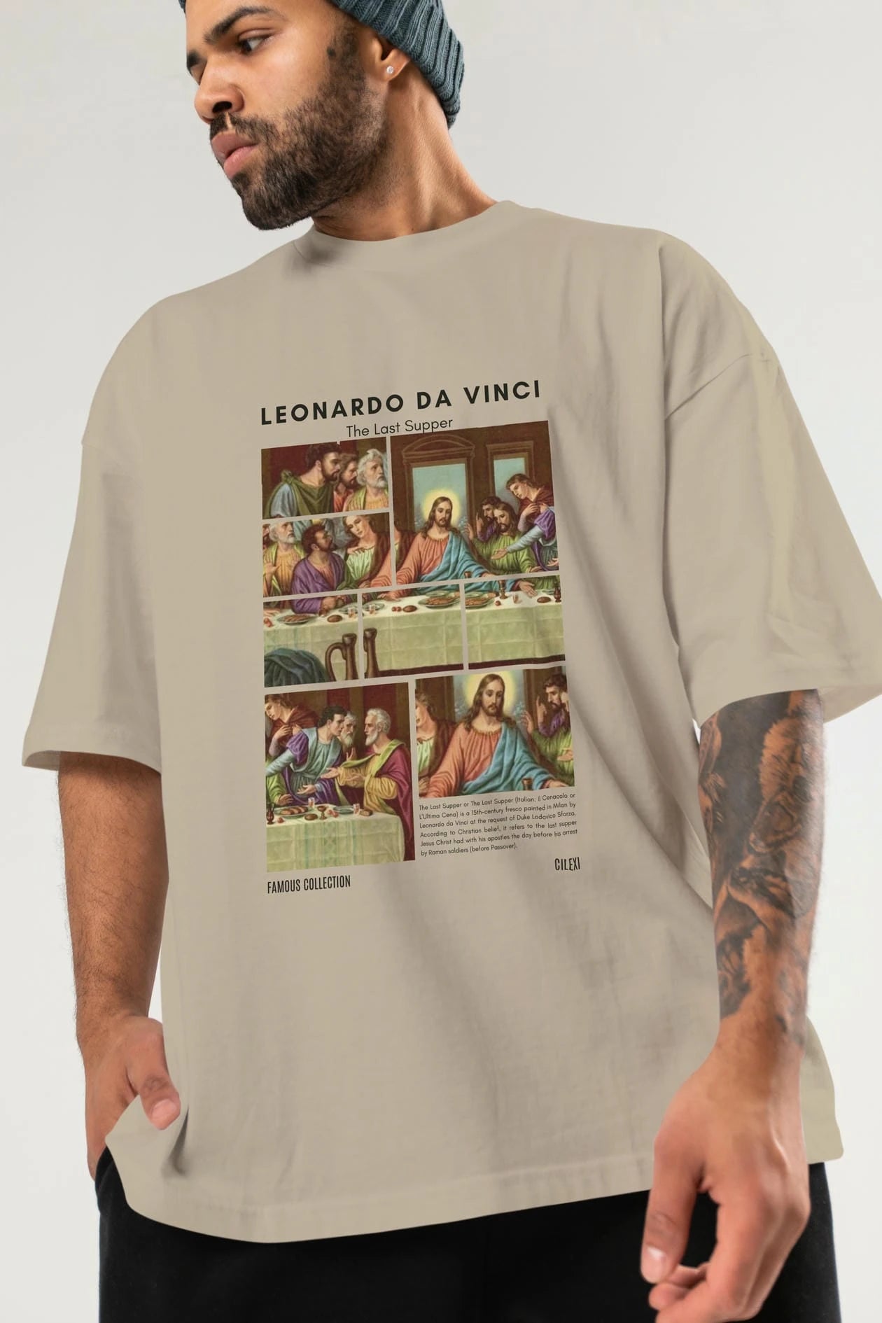 Leonardo Da Vinci ön Baskılı Oversize t-shirt Erkek Kadın Bisiklet Yaka Pamuk tişort