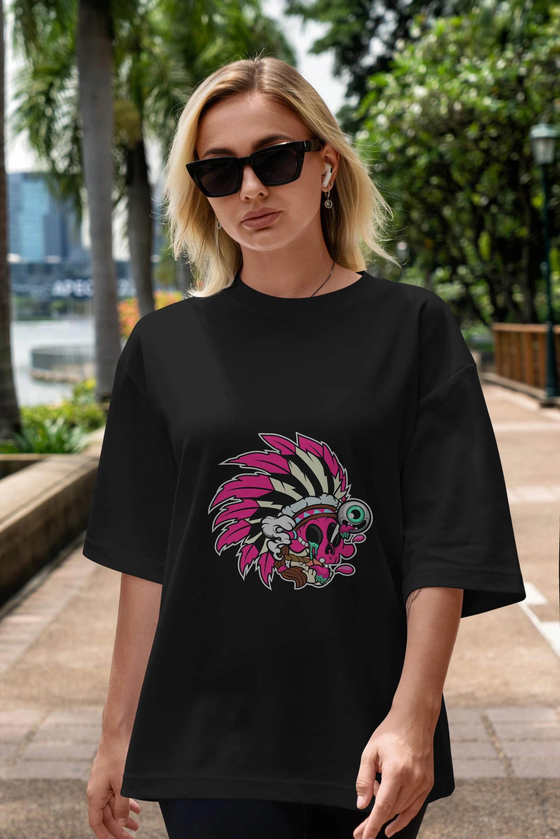 Skull Indian Ön Baskılı Oversize t-shirt Erkek Kadın Unisex %100 Pamuk tişort