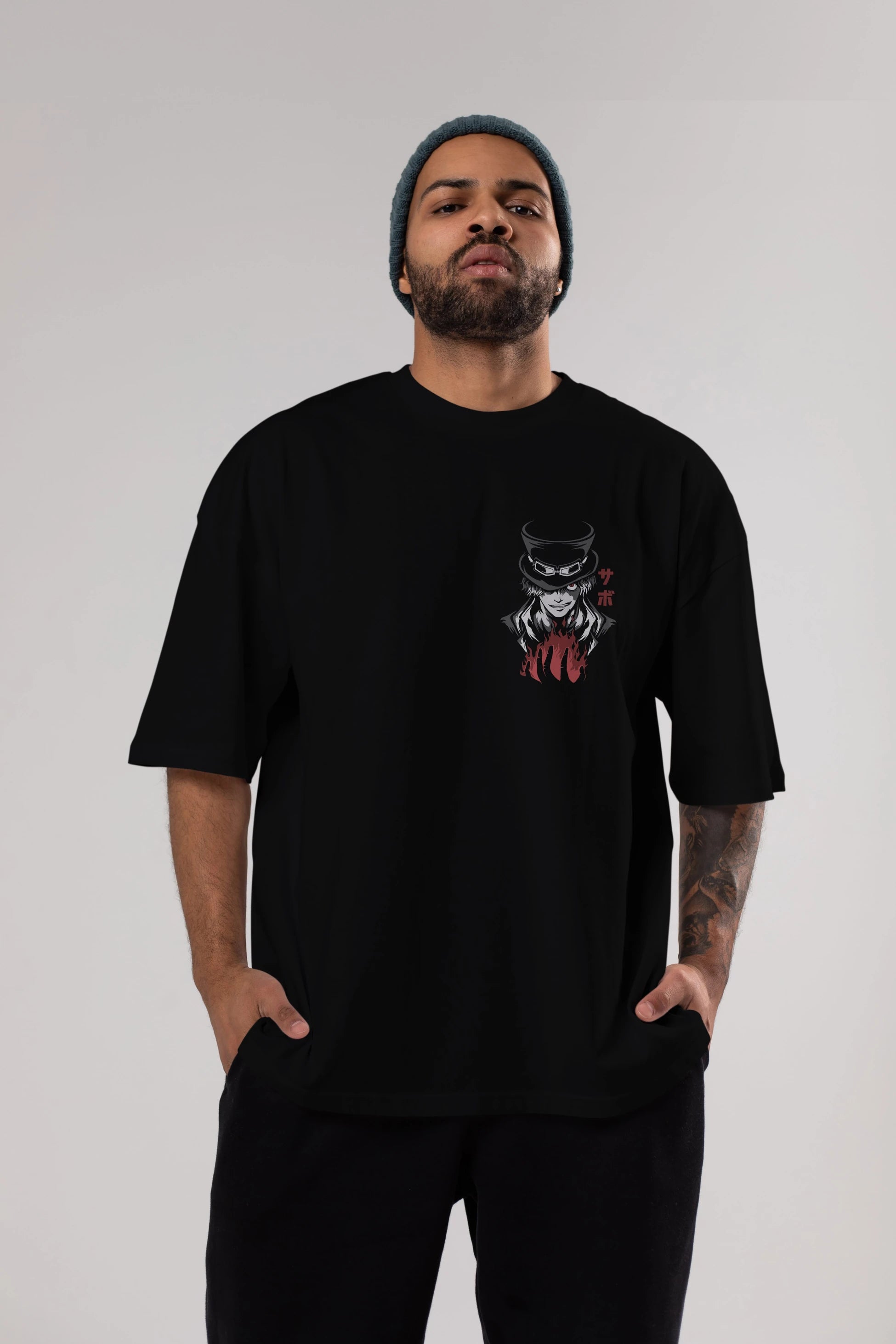 SaboOnePiece Ön Sol Baskılı Oversize t-shirt Erkek Kadın Unisex %100 Pamuk Bisiklet Yaka tişort